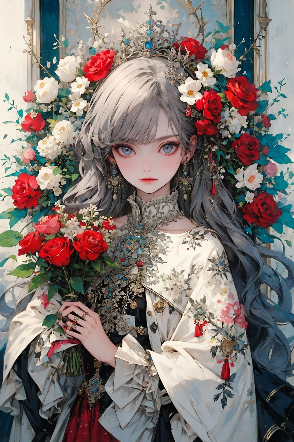 1girl, solo, long hair, looking at viewer, bangs, hair ornament, long sleeves, holding, jewelry, closed mouth, upper body, flower, grey hair, earrings, frills, hair flower, wide sleeves, coat, grey eyes, rose, ring, crown, white flower, frilled sleeves, red flower, red rose, bouquet, holding flower, white rose, holding bouquet