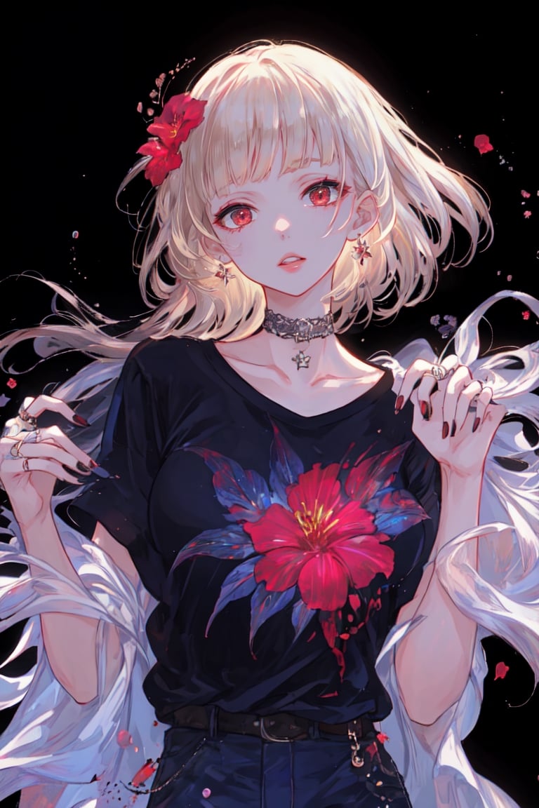 1girl, solo, looking at viewer, bangs, blonde hair, shirt, hair ornament, red eyes, jewelry, collarbone, upper body, flower, parted lips, choker, hair flower, blunt bangs, nail polish, lips, fingernails, head tilt, black shirt, eyelashes, blood, makeup, black choker, ring, red flower, t-shirt, black nails, clothes writing, red background, blood on face, hibiscus,portrait