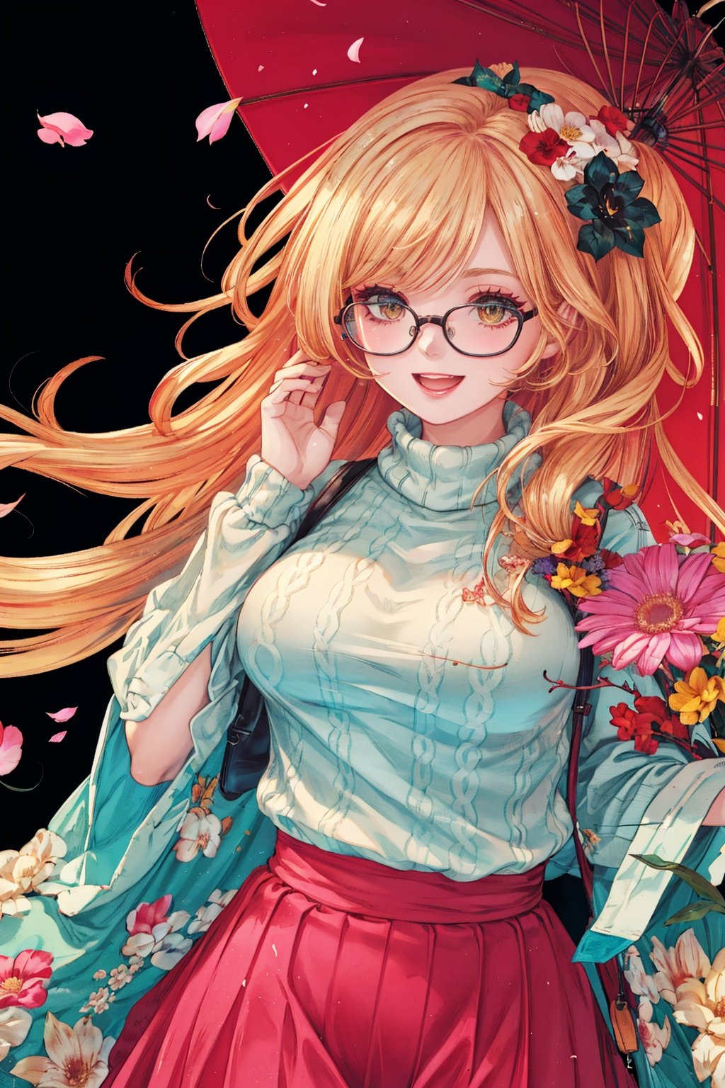 8k, (absurdres, highres, ultra detailed), (1lady:1.3), (((blond_green_long_hair))), ultra resolution image, kawaii, mystery, aesthetic:1.2, colorful, dynamic angle, highest detailed face), big glasses, black rimmed glasses, happy smile, (wearing a pink oversized_sweater:1.2), pleated skirt, sunset, fall colors, beautiful trees, nature, flowers, windy, hair flowing in the wind, sun shinning through hair, high contrast, (official art, extreme detailed, highest detailed, natural skin texture, hyperrealism, soft light, sharp, perfect face), golden dawn, :d, Big boobs1:3. (((Smoky makeup))), curvy, ,midjourney