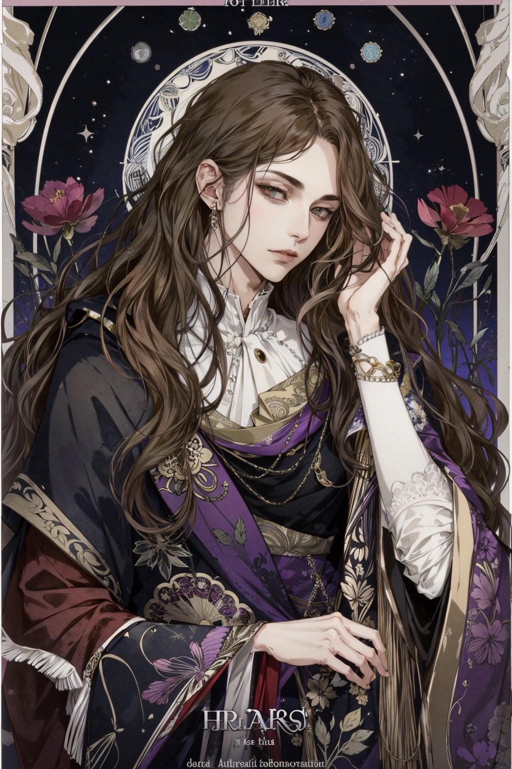 solo,green eyes,(long wavy hair:1.3),very long hair,brunette, dark chestnut hair color,  tarot, art nouveau ,Art Nouveau Style,,