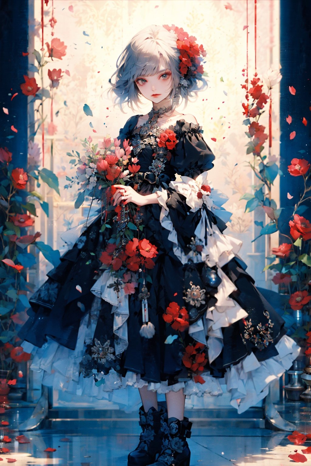 1girl, solo, looking at viewer, bangs, simple background, hair ornament, long sleeves, white background, dress, holding, closed mouth, standing, full body, flower, grey hair, boots, frills, puffy sleeves, belt, black footwear, black dress, grey eyes, petals, rose, frilled dress, red flower, red rose, bouquet, joints, grey dress, mechanical arms