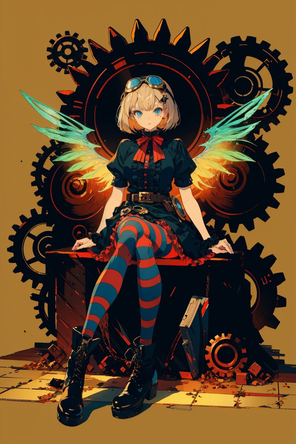 1girl, solo, looking at viewer, short hair, blue eyes, skirt, blonde hair, shirt, thighhighs, dress, ribbon, sitting, full body, short sleeves, pantyhose, boots, frills, wings, striped, black footwear, goggles, striped thighhighs, between legs, goggles on head, lolita fashion, v arms, hand between legs, gothic lolita, ankle boots, gears, mechanical wings, striped pantyhose, steampunk, belt boots