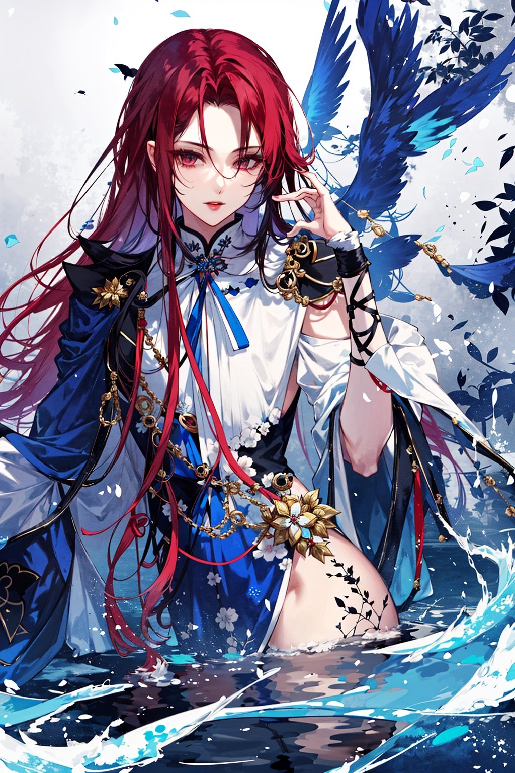 8k, midjourney, niji, male, long red hair, blue theme,