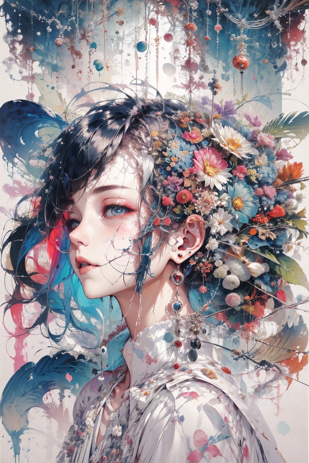 8k, (absurdres, highres, ultra detailed), (1lady:1.3), a close up of a woman's face surrounded by flowers, stunning anime face portrait, cgsociety 9, beautiful anime portrait, detailed portrait of anime girl, 🌺 cgsociety, gorgeous digital art, girl in flowers, blue flowers, wlop painting style, with frozen flowers around her, stunning cgsociety, portrait anime girl, art of wlop, beautiful anime style,midjourney,CLOUD