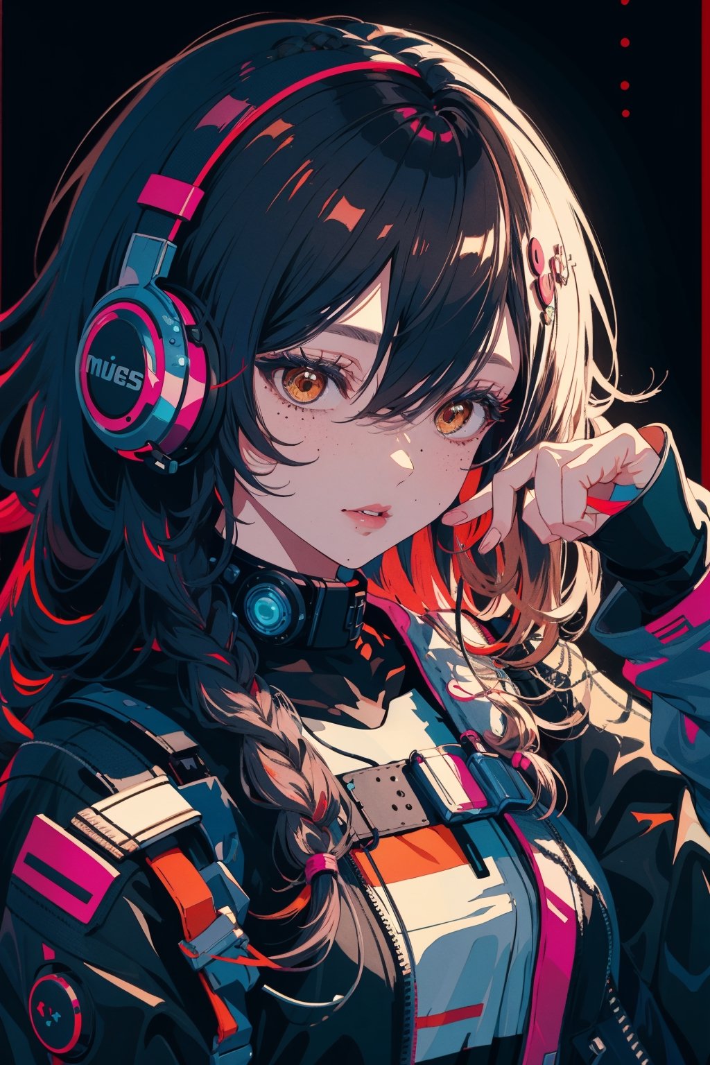 1girl, solo, long hair, looking at viewer, simple background, black hair, brown eyes, braid, parted lips, mole, twin braids, lips, mole under eye, headphones, pink background, portrait, science fiction, cable, cyberpunk