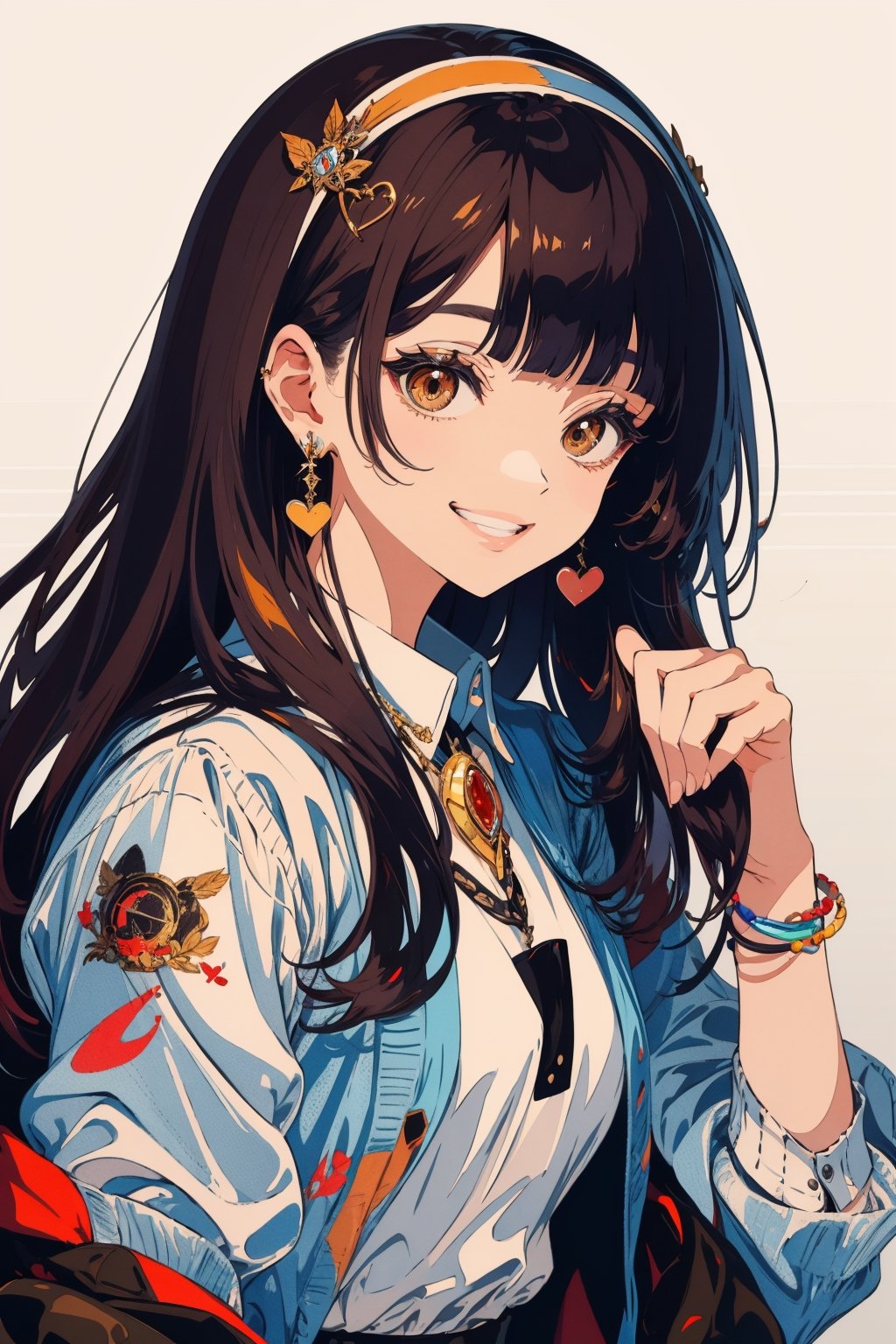 1girl, solo, long hair, looking at viewer, smile, bangs, brown hair, shirt, holding, brown eyes, jewelry, white shirt, upper body, heart, hairband, earrings, teeth, blunt bangs, grin, lips, animal, cat, holding animal