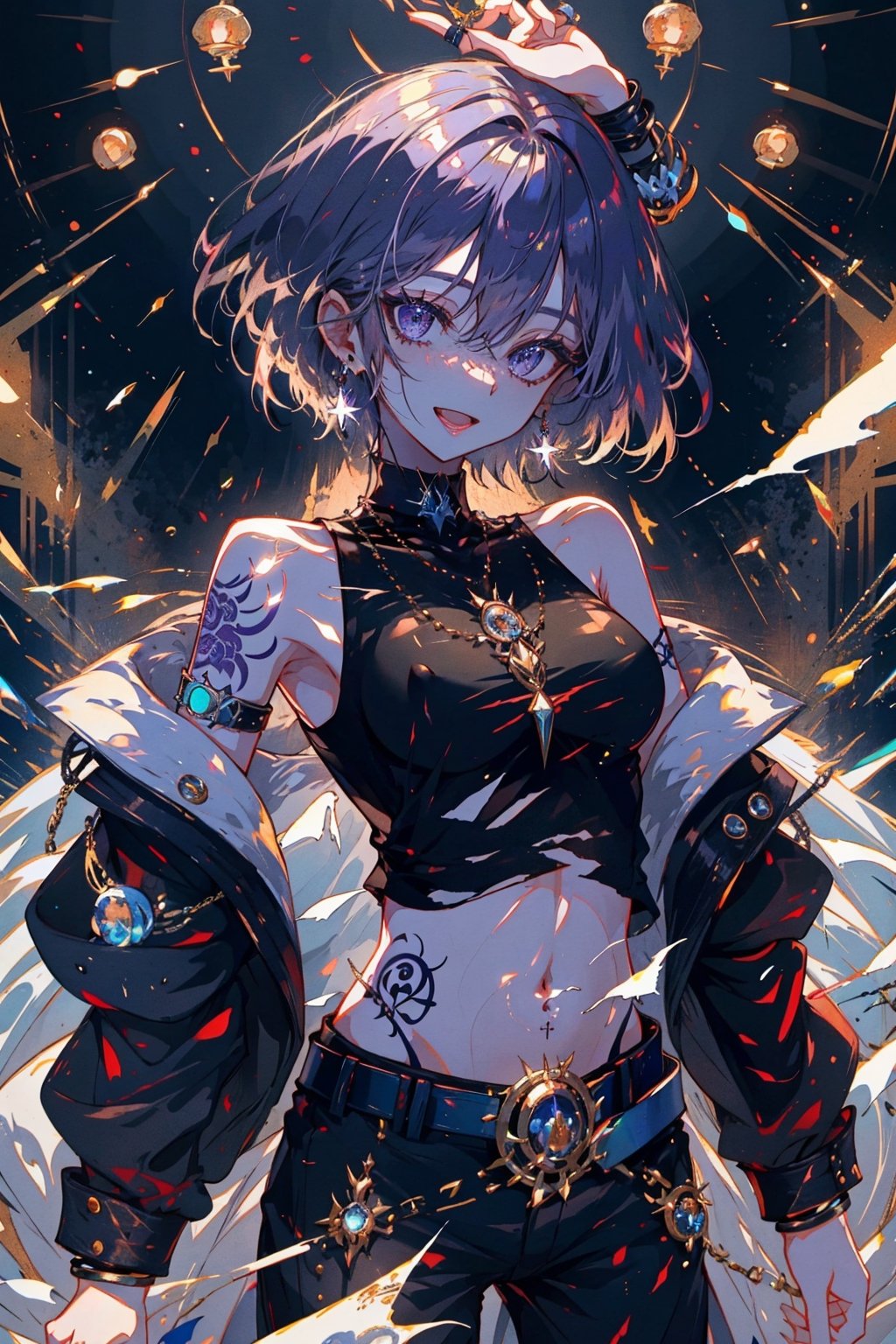 solo, looking at viewer, smile, short hair, open mouth, shirt, 1boy, navel, holding, jewelry, nipples, jacket, purple hair, male focus, cowboy shot, earrings, open clothes, teeth, tongue, belt, pants, necklace, off shoulder, collar, bracelet, black jacket, see-through, open shirt, tattoo, black pants, abs, pectorals, bare pectorals, stage, stage lights,portrait,fujimotostyle,Monochromatic,2d_artwork