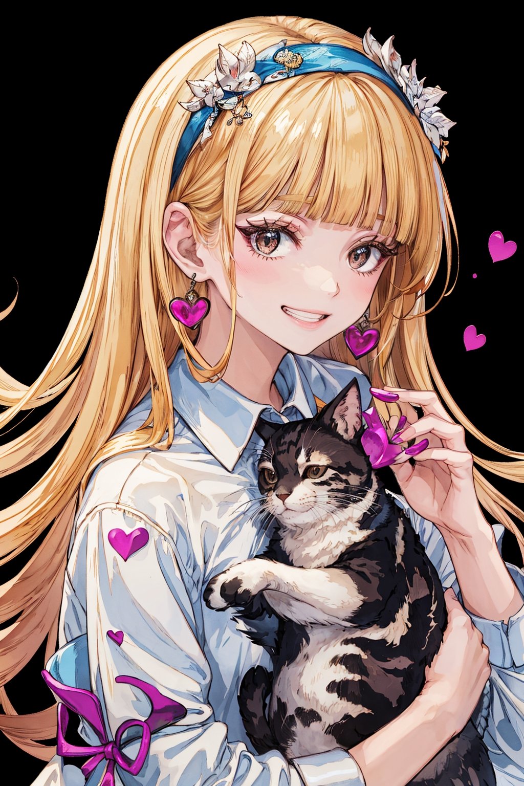 1girl, solo, long hair, looking at viewer, smile, bangs, blonde hair, shirt, holding, brown eyes, jewelry, white shirt, upper body, heart, hairband, earrings, teeth, blunt bangs, grin, lips, animal, cat, holding animal,masterpiece