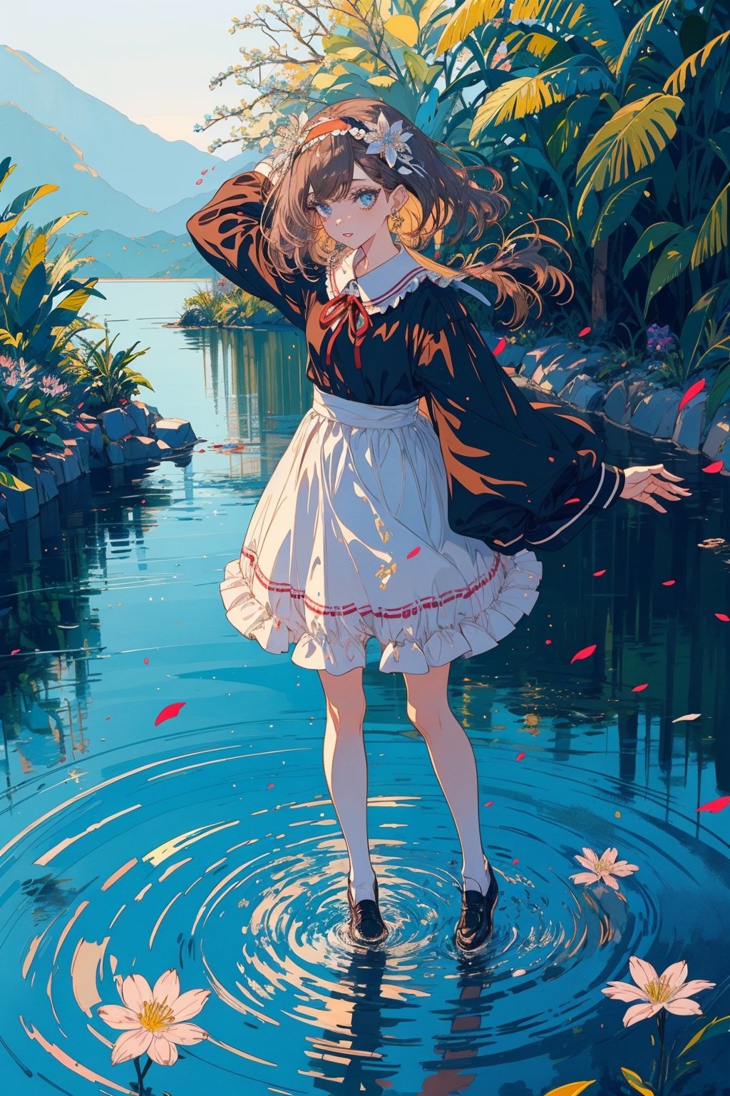 1girl, solo, looking at viewer, bangs, blue eyes, brown hair, hair ornament, long sleeves, dress, ribbon, standing, braid, flower, hairband, outdoors, frills, parted lips, socks, water, blurry, kneehighs, black socks, wading, arms at sides