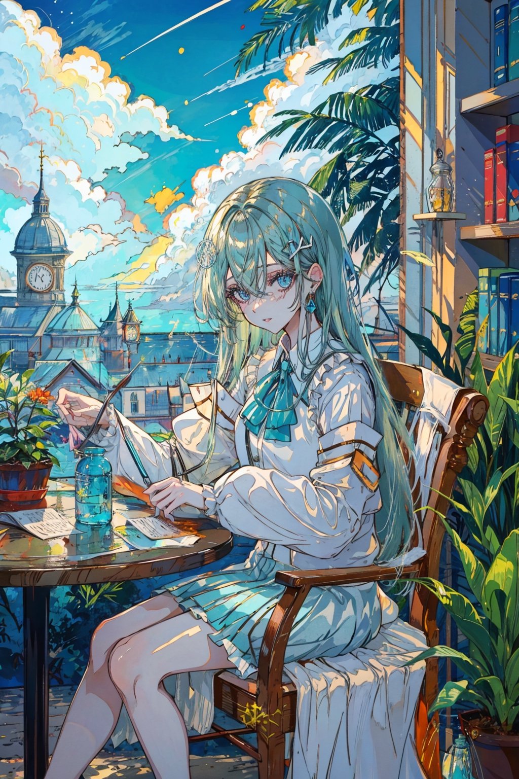 1girl, solo, long hair, looking at viewer, bangs, blue eyes, shirt, hair ornament, long sleeves, holding, hair between eyes, sitting, very long hair, white shirt, frills, parted lips, green hair, sky, day, cloud, indoors, bag, tree, book, window, aqua hair, chair, table, curtains, frilled sleeves, bookshelf, jar, flask, globe,portrait