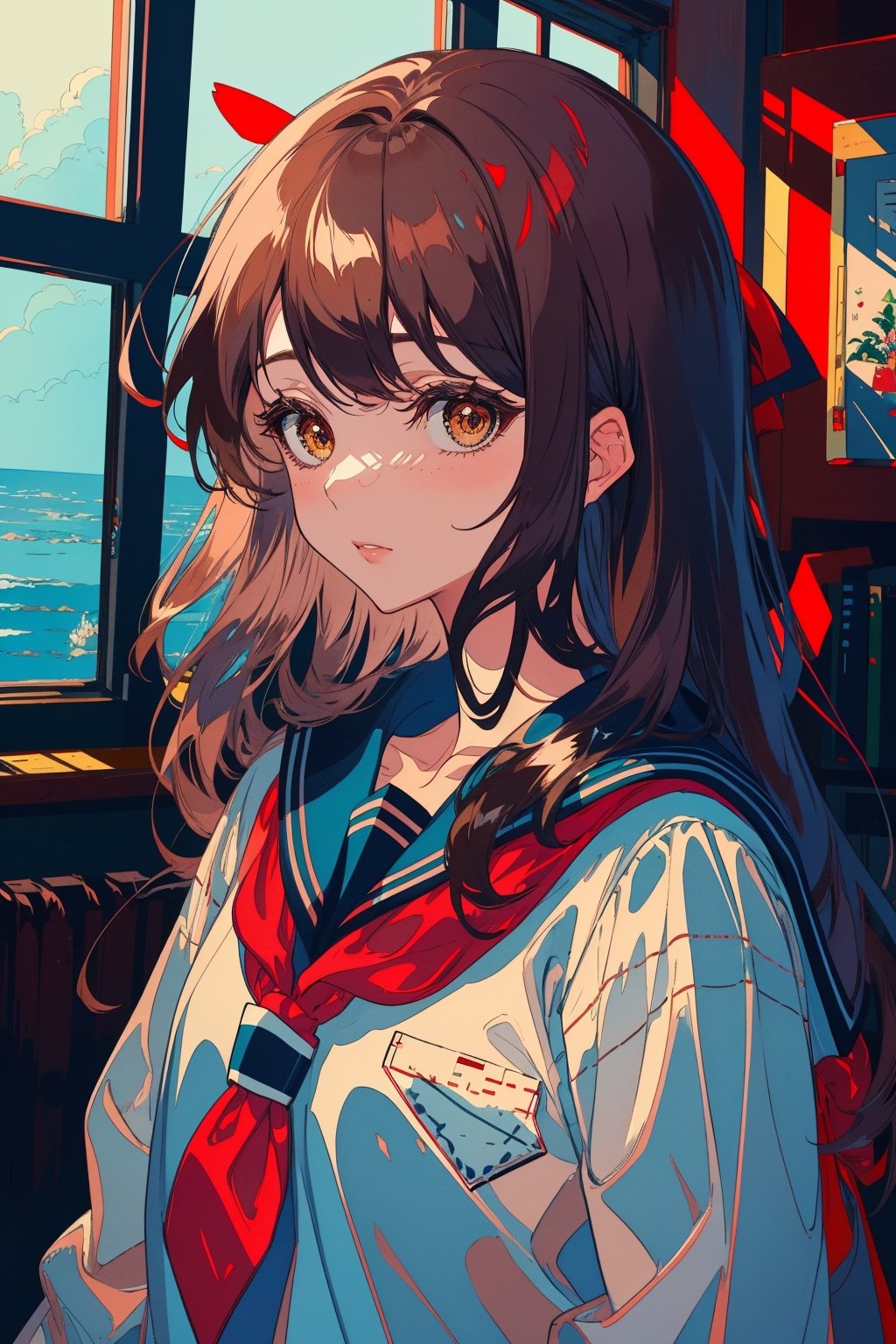 1girl, solo, long hair, looking at viewer, blush, bangs, brown hair, shirt, black hair, bow, ribbon, brown eyes, closed mouth, school uniform, white shirt, upper body, serafuku, indoors, sailor collar, black eyes, lips, neckerchief, window, blue sailor collar, red neckerchief,portrait