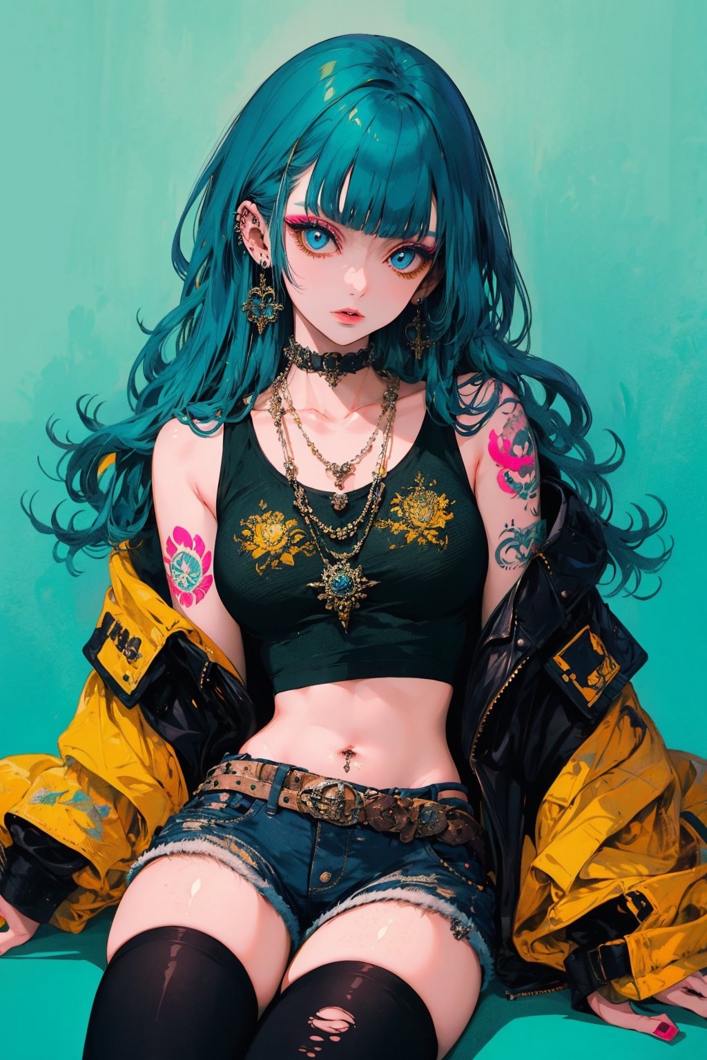 1girl, solo, long hair, breasts, looking at viewer, bangs, blue eyes, black hair, thighhighs, long sleeves, jewelry, sitting, closed mouth, blue hair, jacket, multicolored hair, earrings, open clothes, shorts, choker, midriff, belt, black thighhighs, blunt bangs, necklace, off shoulder, two-tone hair, open jacket, lips, crop top, head tilt, torn clothes, aqua hair, tattoo, makeup, blue background, piercing, tank top, denim, yellow jacket