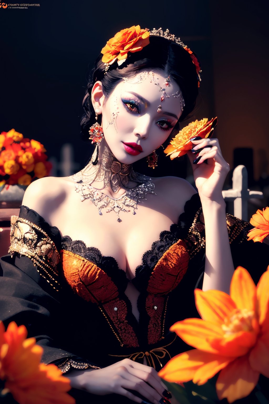 (Best quality, 8k, 32k, Masterpiece, UHD:1.2),  full body potrait of a woman with Catrina makeup, dia de los muertos, white make up, orange, black makeup, emulating a skull with the make up, orange flowers as ornament in hair, many orange flowers, wearing a gown, gloves  and attractive features, eyes, eyelid,  focus, depth of field, film grain,, ray tracing, ((contrast lipstick)), slim model, detailed natural real skin texture, visible skin pores, anatomically correct, night, cemetary background,  Catrina