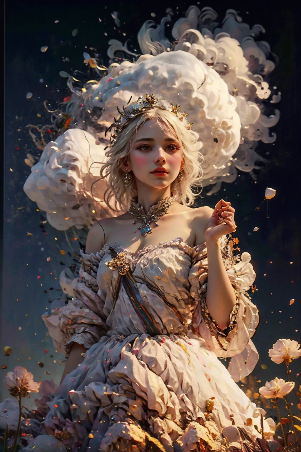 8k, (absurdres, highres, ultra detailed), (1lady), EpicArt, ( photorealistic:1.37), 1 snow goddess, surrounded by white flowers and snow, wearing a gorgeous white dress with detailed ornaments on her head, extremely detailed, high quality skirt white hair, long hair, (no animal),Beautiful frost frost yellow winter queen soft Hawaiian flowers hyperdetailed portrait 8k Claude Monet, (((rainbowish))).