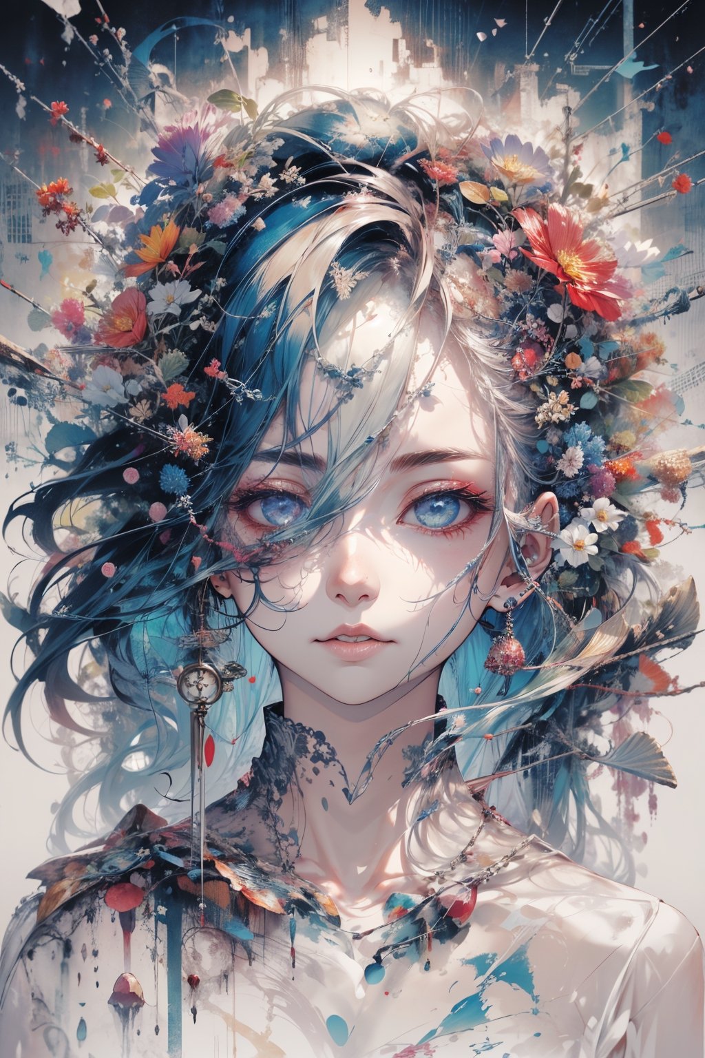 8k, (absurdres, highres, ultra detailed), (1lady:1.3), a close up of a woman's face surrounded by flowers, stunning anime face portrait, cgsociety 9, beautiful anime portrait, detailed portrait of anime girl, 🌺 cgsociety, gorgeous digital art, girl in flowers, blue flowers, wlop painting style, with frozen flowers around her, stunning cgsociety, portrait anime girl, art of wlop, beautiful anime style,midjourney,CLOUD