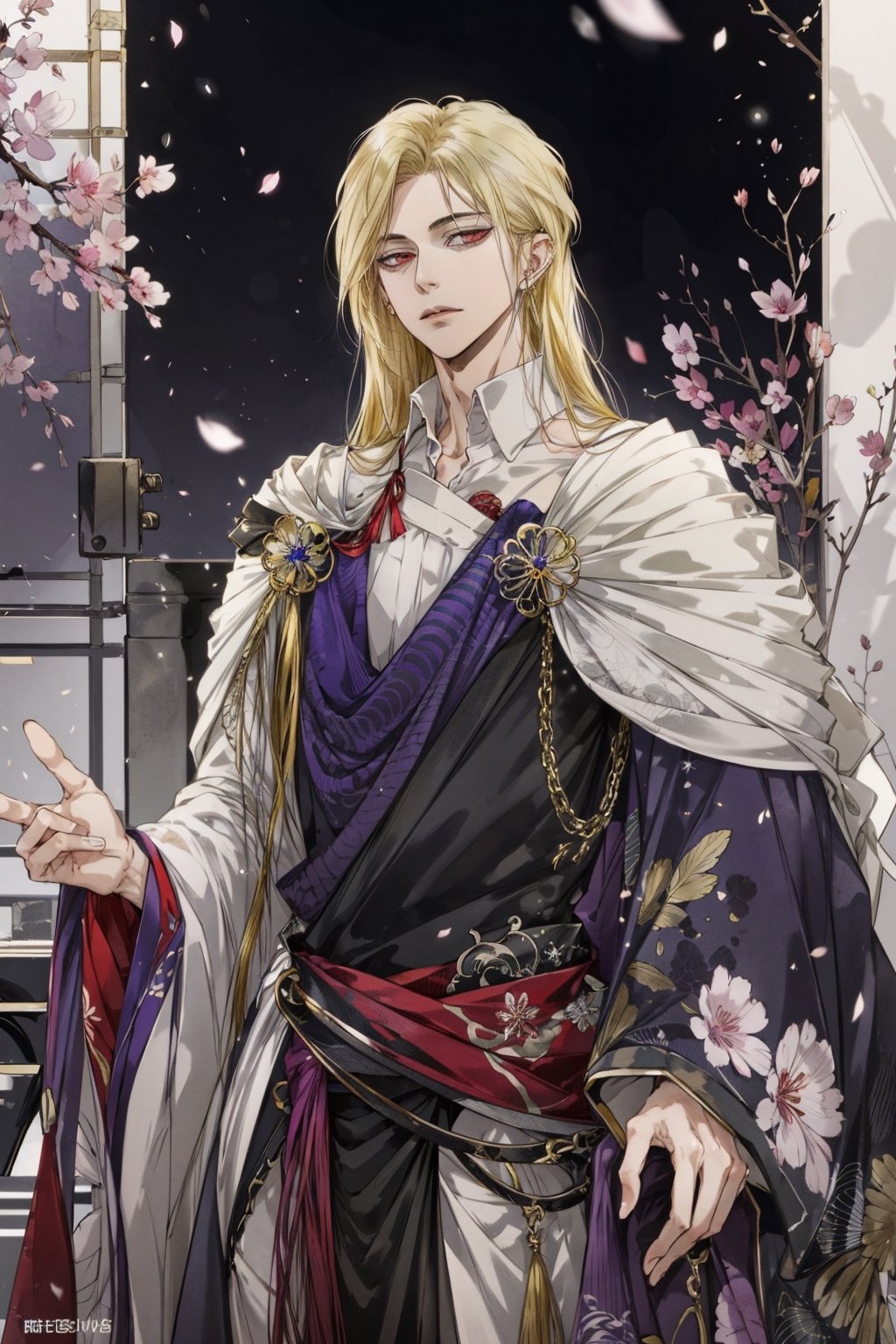 (Tall young handsome man, blonde long hair, red eyes, glowing eyes, levi ackerman hairstyle,) line drawing , floral, fantasy, white background, HD, anime, watercolor, ink, flowers & blossoms, golden hour, bokeh, ambient environment, epic, 4k, beautiful landscape, centered, full picture