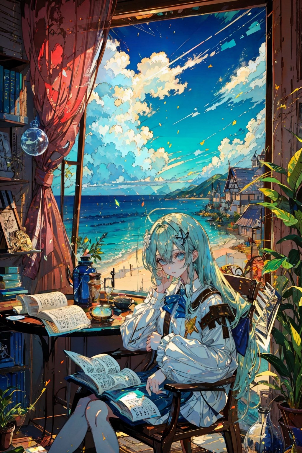 1girl, solo, long hair, looking at viewer, bangs, blue eyes, shirt, hair ornament, long sleeves, holding, hair between eyes, sitting, very long hair, white shirt, frills, parted lips, green hair, sky, day, cloud, indoors, bag, tree, book, window, aqua hair, chair, table, curtains, frilled sleeves, bookshelf, jar, flask, globe,portrait