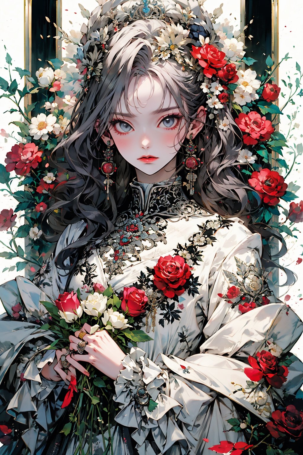 1girl, solo, long hair, looking at viewer, bangs, hair ornament, long sleeves, holding, jewelry, closed mouth, upper body, flower, grey hair, earrings, frills, hair flower, wide sleeves, coat, grey eyes, rose, ring, crown, white flower, frilled sleeves, red flower, red rose, bouquet, holding flower, white rose, holding bouquet