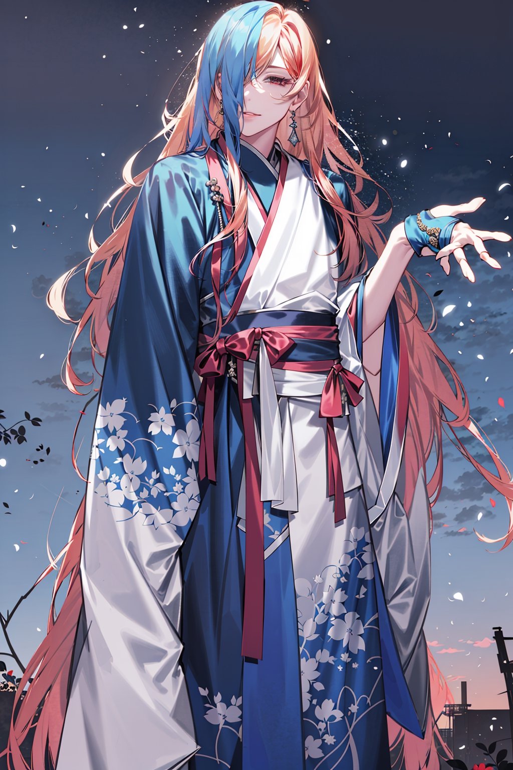 8k, midjourney, niji, male, long red hair, blue theme,