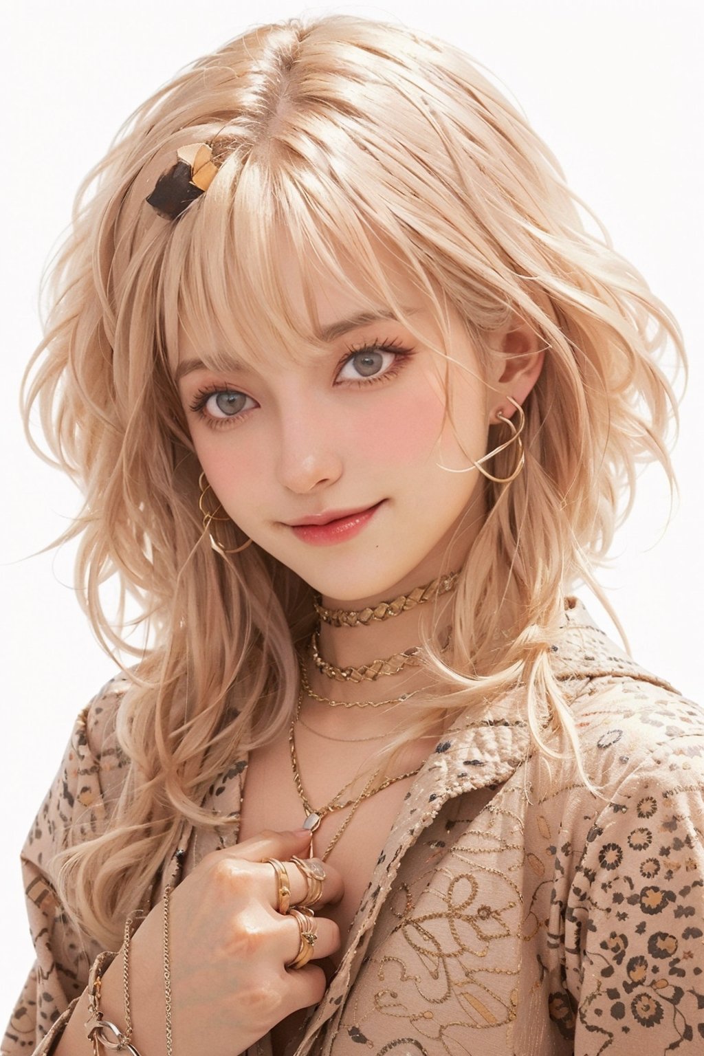 8k, (absurdres, highres, ultra detailed), (1lady:1.3), ultra resolution image, (1girl), (solo), kawaii, (((Gyaru))), japan style Gyaru, smlie, full_body, (((Gyaru makeup))), Gyaru_fashion, white background, Gyaru style nail, 80s, 80s style, leopard print. Wheat skin, Exaggerated hair style, Exaggerated, ring, ear_rings, jewelery,Half Color