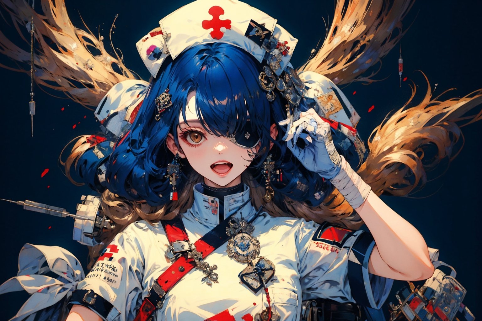 1girl, solo, long hair, breasts, looking at viewer, smile, open mouth, bangs, simple background, gloves, hat, dress, holding, animal ears, twintails, brown eyes, medium breasts, blue hair, full body, short sleeves, :d, belt, white gloves, bag, white dress, hair over one eye, blood, bandages, short dress, eyepatch, black background, bandaged arm, nurse cap, nurse, bandaged leg, erune, syringe, oversized object, bandage over one eye, holding syringe, red cross, intravenous drip, blood bag