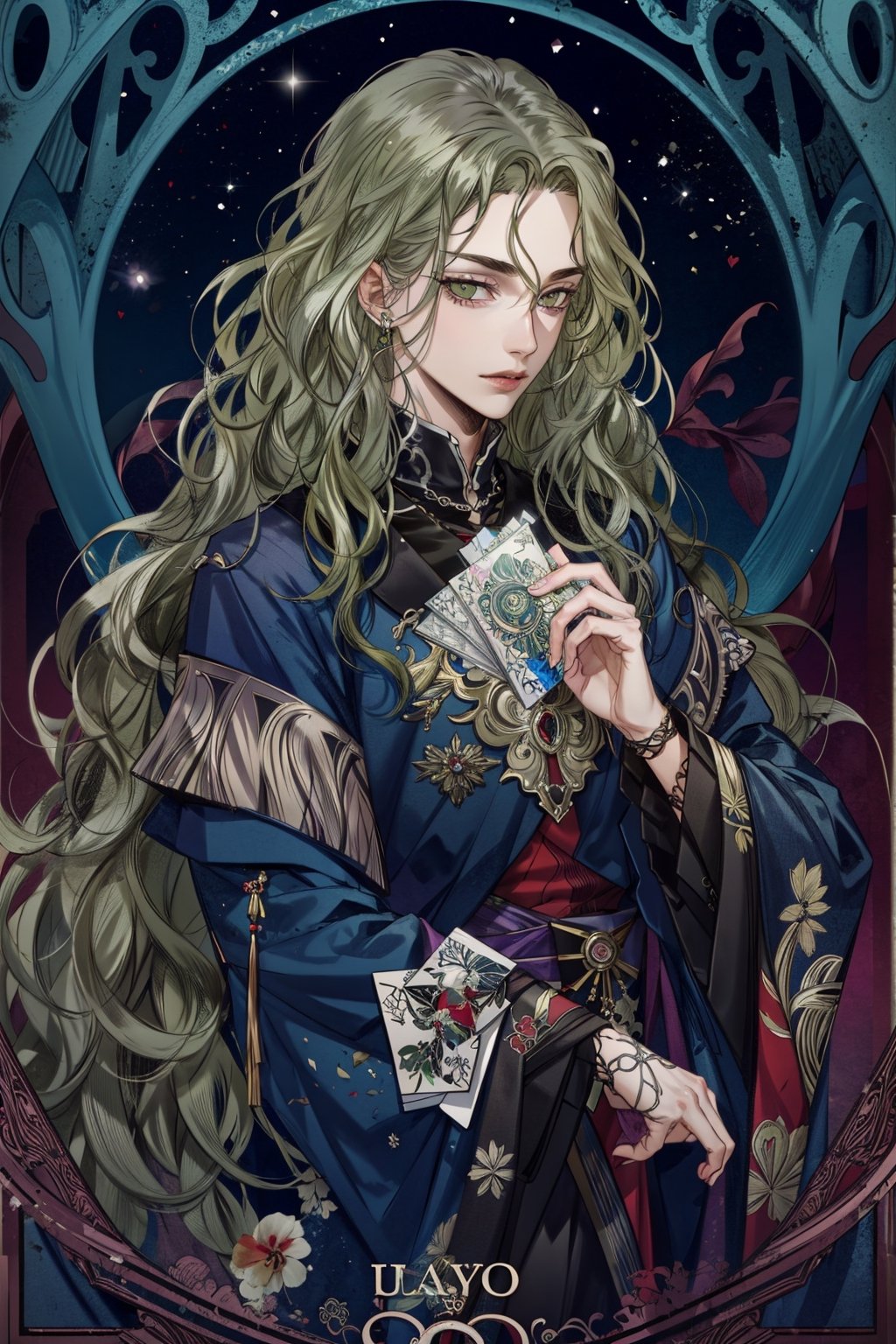 solo,green eyes,(long wavy hair:1.3),very long hair,tarot, art nouveau ,Art Nouveau Style,,