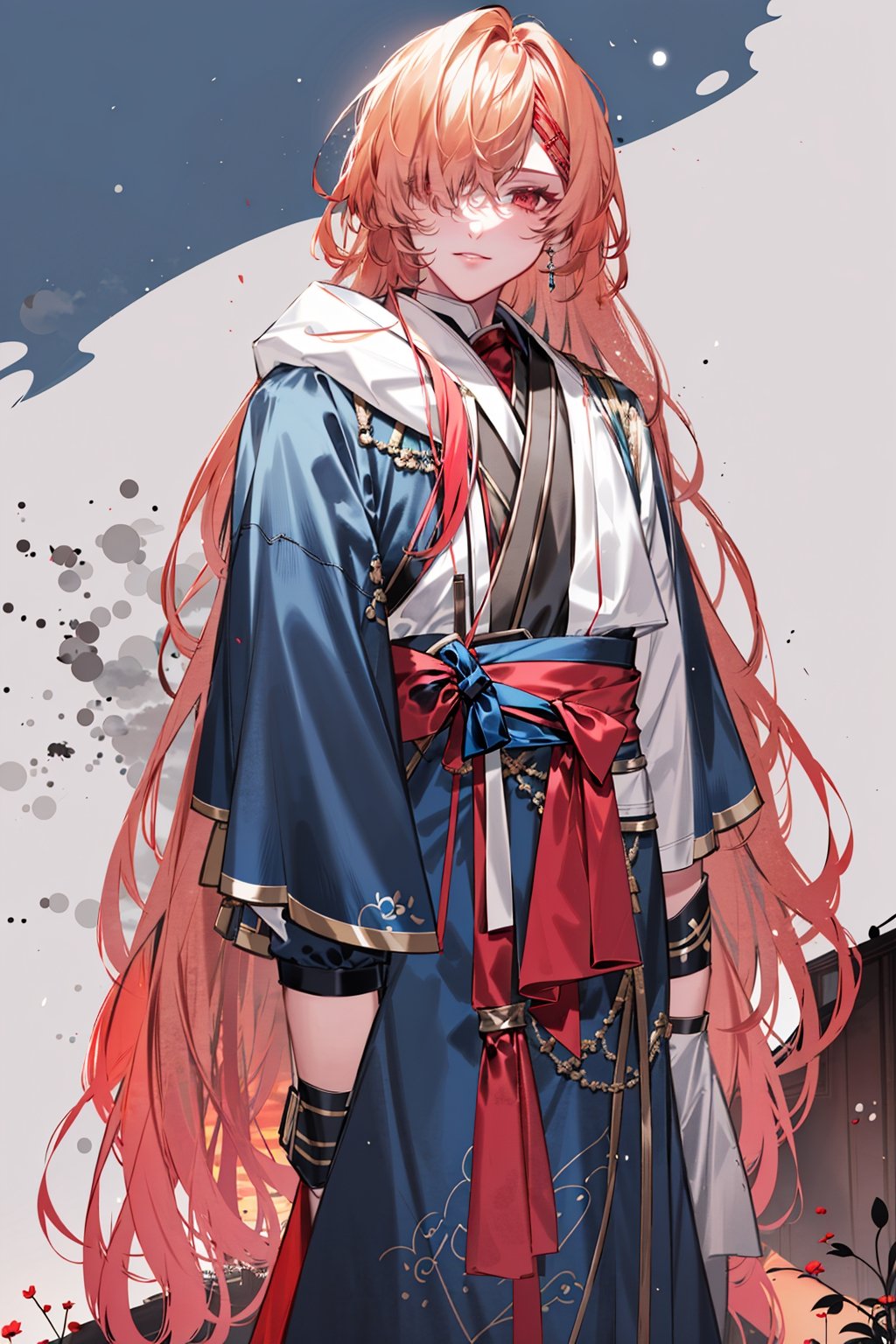 8k, midjourney, niji, male, long red hair, blue theme,