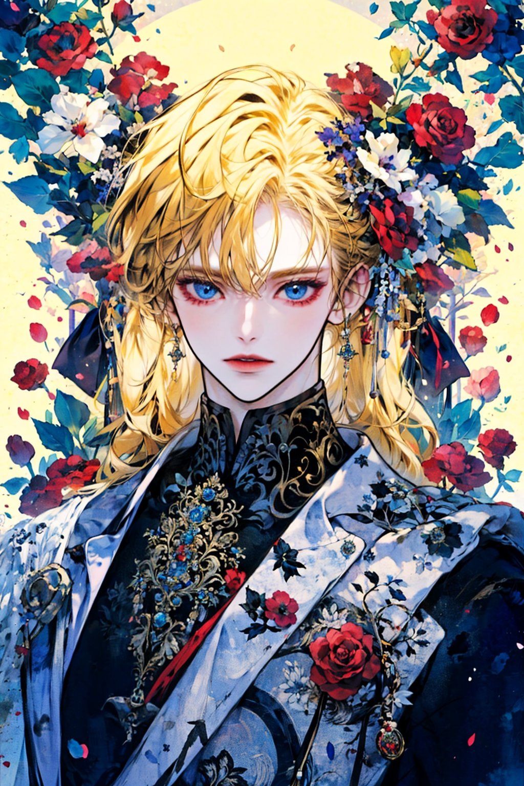 solo, looking at viewer, short hair, bangs, blue eyes, blonde hair, shirt, hair ornament, long sleeves, 1boy, holding, hair between eyes, jewelry, upper body, flower, male focus, hair flower, necklace, petals, black shirt, rose, white flower, red flower, red rose, holding flower, candle, bishounen