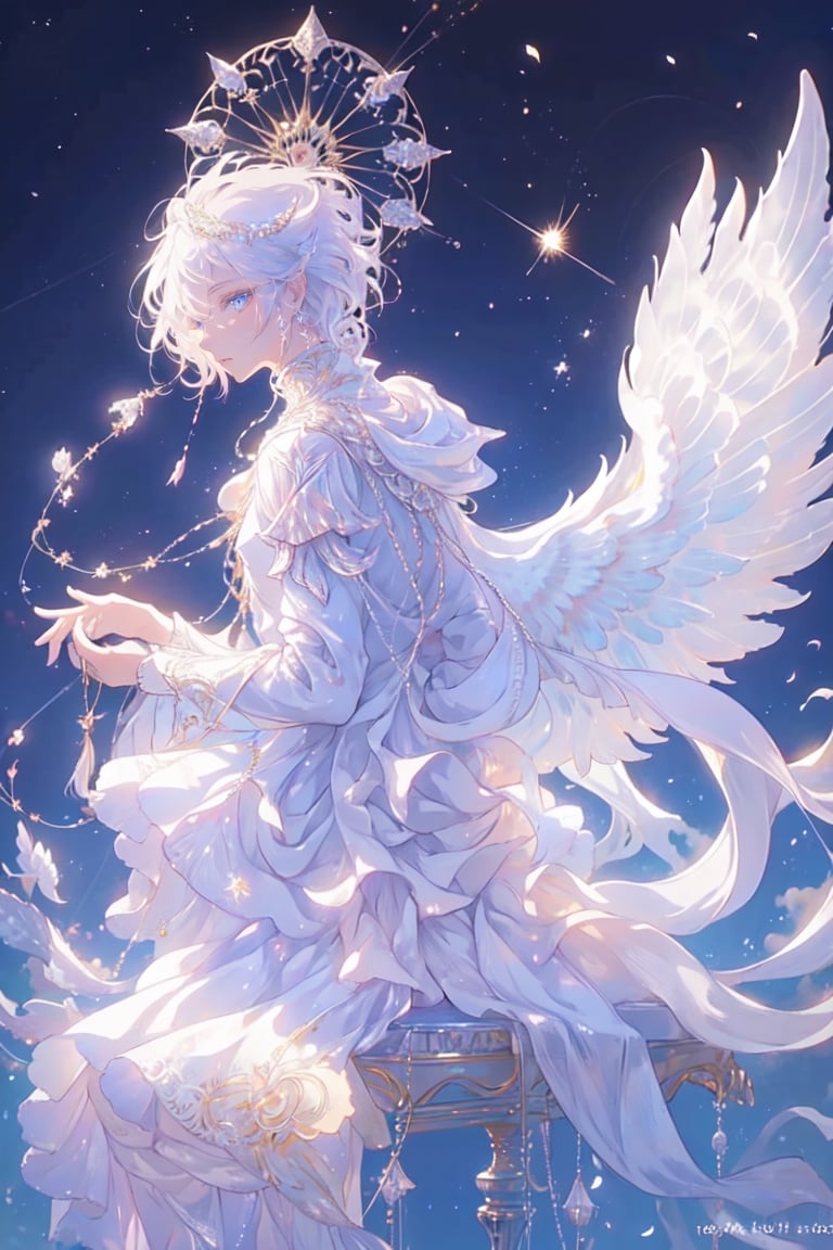 8k, Fluffy White Angel male perched upon golden bejeweled tower in a heavenly utopian city, huge feathery angel wings, glowing nebula eyes, white flowing clouds, ivory armor with diamond gem inlay, trending on artstation, sharp focus, studio photo, intricate details, highly detailed, by tim burton,