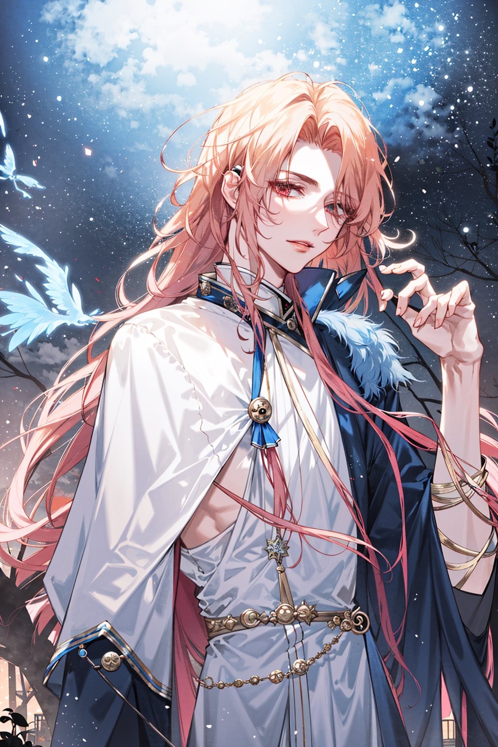 8k, midjourney, niji, male, long red hair, blue theme,