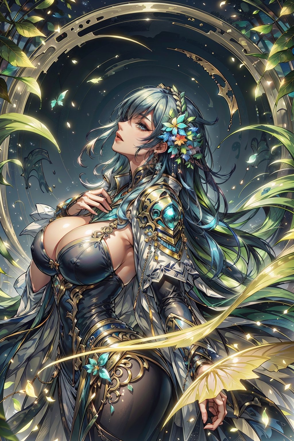 8k, (absurdres, highres, ultra detailed), (1lady), Big boobs:1.2, curvy, sexy, ((best quality)), ((masterpiece)) Moon, Luna, Goddess, Flower,shennongshi,DonMF41ryW1ng5=, blue theme, profile,