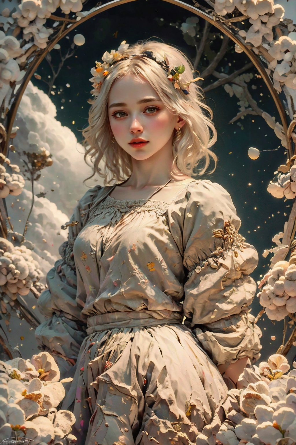 8k, (absurdres, highres, ultra detailed), (1lady), EpicArt, ( photorealistic:1.37), 1 snow goddess, surrounded by white flowers and snow, wearing a gorgeous white dress with detailed ornaments on her head, extremely detailed, high quality skirt white hair, long hair, (no animal),Beautiful frost frost yellow winter queen soft Hawaiian flowers hyperdetailed portrait 8k Claude Monet, (((rainbowish))),