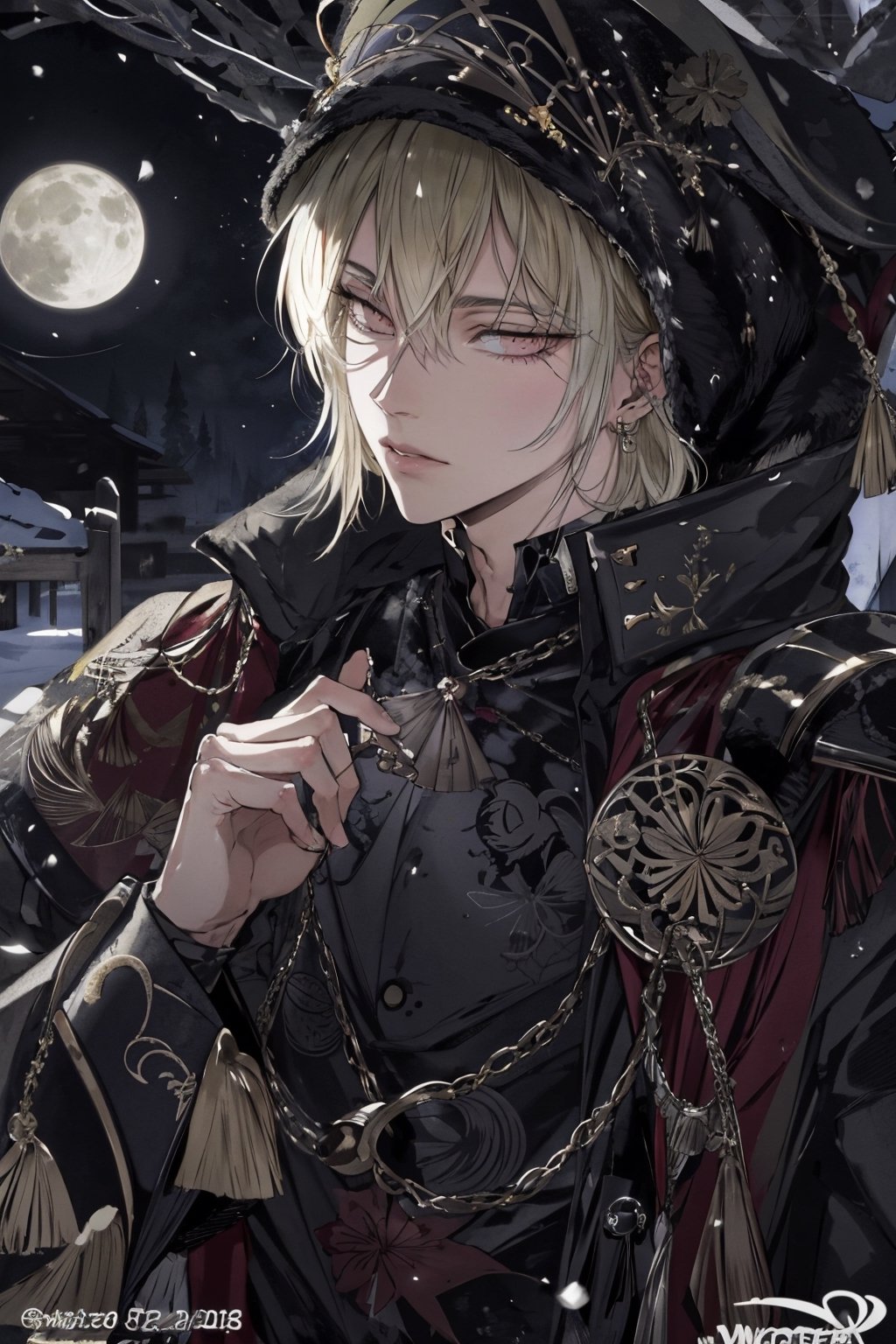 (grey eyes, short hair), alphonse mucha, masterpiece, best quality, ultra detailed, highly detailed, perfect face, 1 man, short hair, white hair, yellow eyes (perfect male body), wearing a brown winter jacket, wearing an ushanka, dark colors, night, in the snow, moon stars in the sky,mmcsuou,1boy