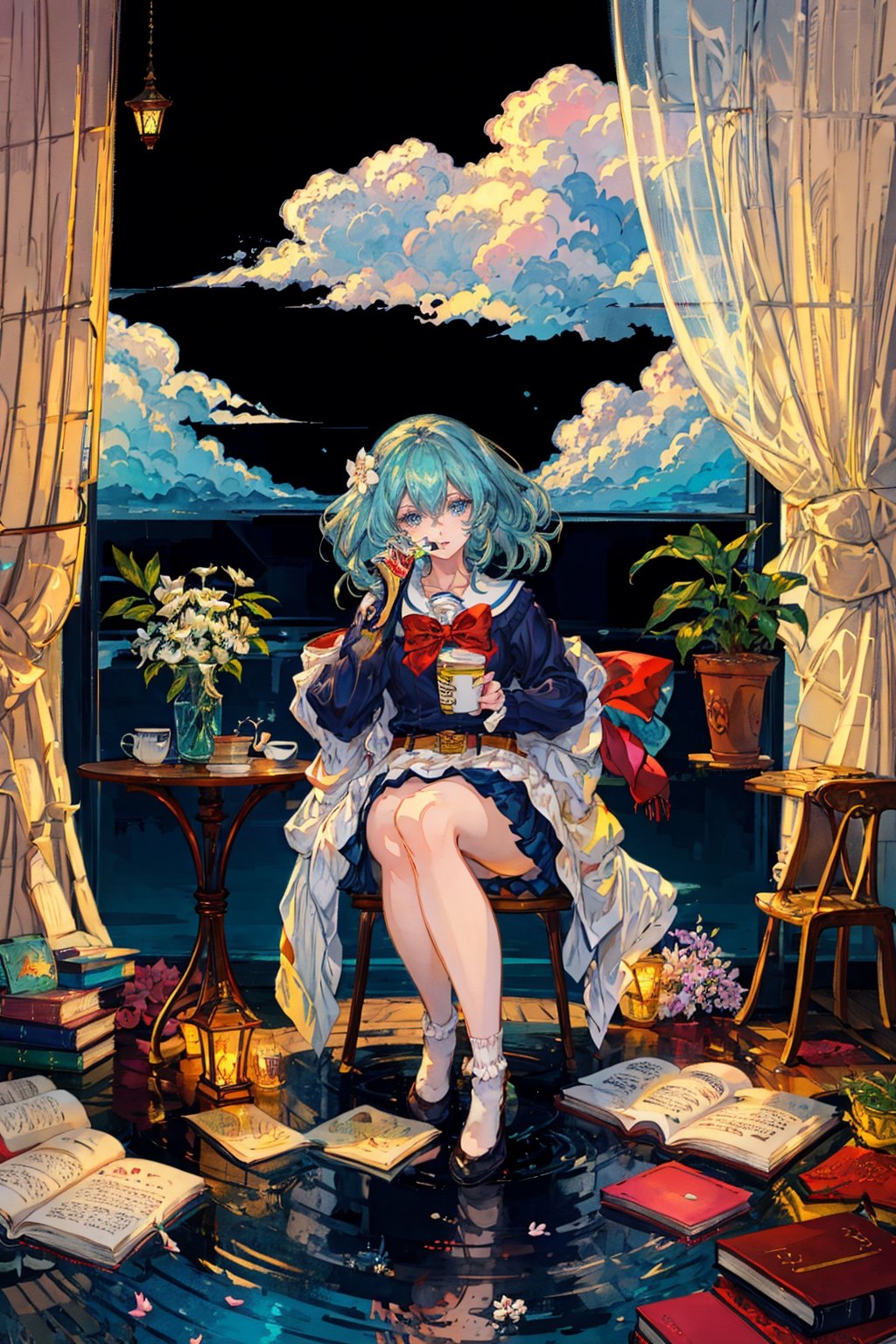 1girl, solo, long hair, looking at viewer, bangs, blue eyes, skirt, shirt, hair ornament, long sleeves, dress, bow, hair between eyes, sitting, white shirt, flower, pleated skirt, frills, parted lips, sky, shoes, day, socks, belt, cloud, indoors, bowtie, sailor collar, water, cup, blue sky, book, bare legs, window, aqua hair, black bow, ocean, chair, table, white skirt, plant, white flower, curtains, white socks, open book, horizon, bookshelf, potted plant, lamp, book stack, vase