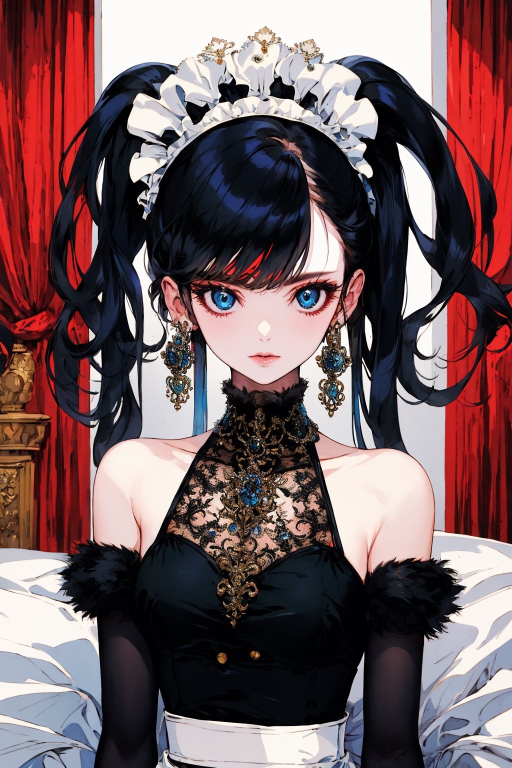 1girl, solo, long hair, breasts, looking at viewer, bangs, black hair, gloves, animal ears, bare shoulders, twintails, jewelry, closed mouth, upper body, multicolored hair, earrings, detached sleeves, black gloves, elbow gloves, indoors, lips, fur trim, maid headdress, on bed,portrait