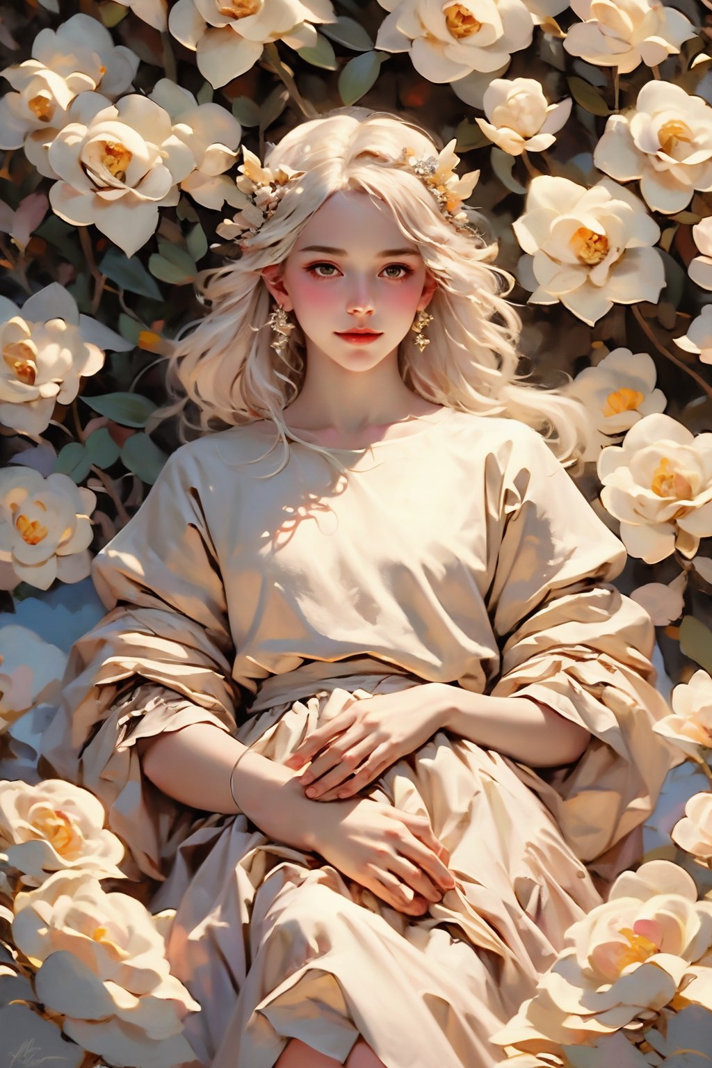 8k, (absurdres, highres, ultra detailed), (1lady), EpicArt, ( photorealistic:1.37), 1 snow goddess, surrounded by white flowers and snow, wearing a gorgeous white dress with detailed ornaments on her head, extremely detailed, high quality skirt white hair, long hair, (no animal),Beautiful frost frost yellow winter queen soft Hawaiian flowers hyperdetailed portrait 8k Claude Monet, (((rainbowish))), 