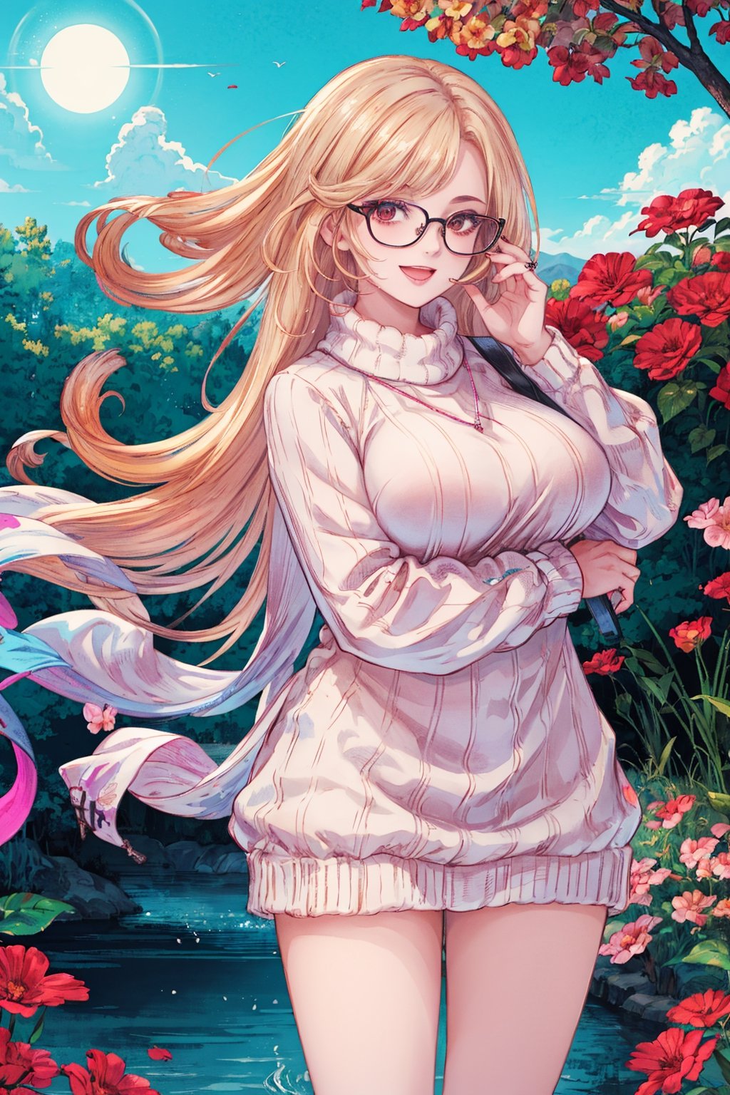 8k, (absurdres, highres, ultra detailed), (1lady:1.3), (((blond_green_long_hair))), ultra resolution image, kawaii, mystery, aesthetic:1.2, colorful, dynamic angle, highest detailed face), big glasses, black rimmed glasses, happy smile, (wearing a pink oversized_sweater:1.2), pleated skirt, sunset, fall colors, beautiful trees, nature, flowers, windy, hair flowing in the wind, sun shinning through hair, high contrast, (official art, extreme detailed, highest detailed, natural skin texture, hyperrealism, soft light, sharp, perfect face), golden dawn, :d, Big boobs1:3. (((Smoky makeup))), curvy, ,midjourney