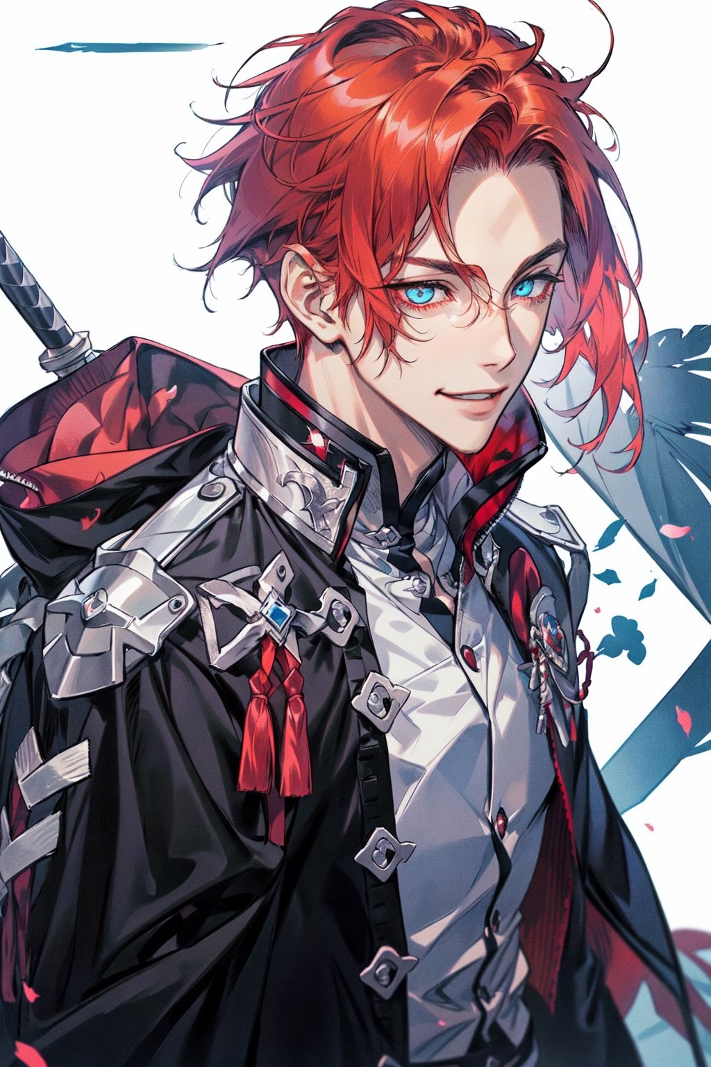 boy, red_hair, light_blue_eye, happy_face, swordsman,AOTSalute,1boy,male, flight