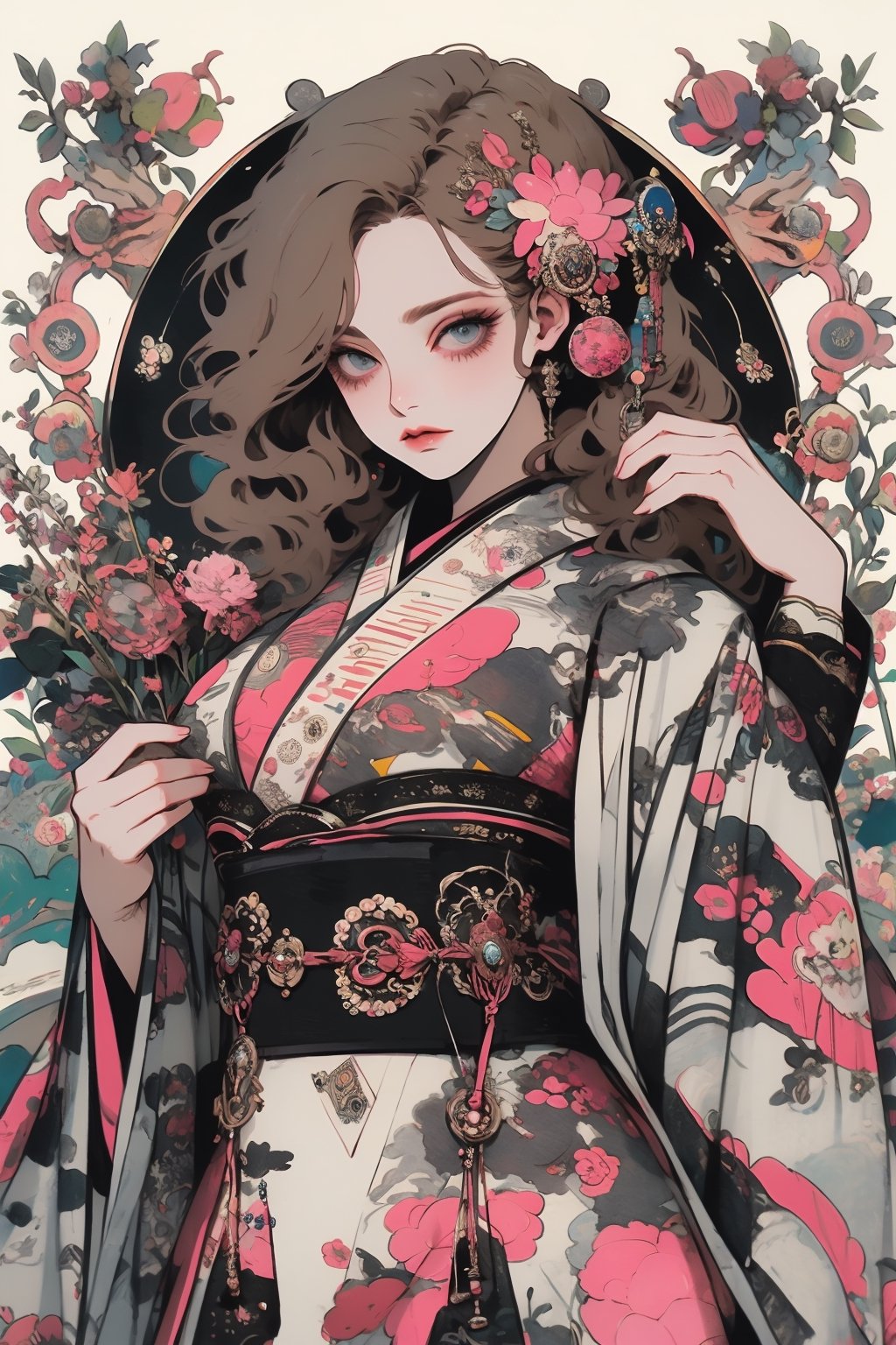 full body photo, wide shot, (top shot :1.5), (masterpiece, best quality, very detailed, ultra-detailed, intricate), anime style kawaii, watercolor, Alcohol ink. illustration, pastel colors, high chroma, The color contrast is strong, bright and colorful background, art nouveau, perfect light,art nouveau by Alphonse Mucha, tarot cards style, (beautiful and detailed eyes), 1 other, 1 woman, 9 head body lenth, plump breasts, (huge big boobs, underboob, no bra, small perky tits, boobs exposed, beautiful boobs shown ), clevage, solid color background, dress, miniskirt, yoga pose, yoga Camel Pose, 1girl, solo, long hair, looking at viewer, blush, bangs, blue eyes, brown hair, hair ornament, long sleeves, bow, closed mouth, upper body, flower, parted lips, japanese clothes, hair flower, kimono, grey eyes, book, eyelashes, wavy hair, floral print, tassel, pink flower, pink kimono