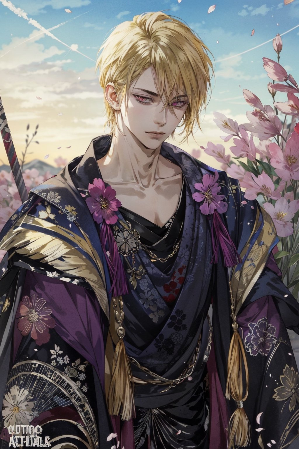 (Tall young handsome man, blonde, red eyes, glowing eyes, levi ackerman hairstyle,) line drawing , floral, fantasy, white background, HD, anime, watercolor, ink, flowers & blossoms, golden hour, bokeh, ambient environment, epic, 4k, beautiful landscape, centered, full picture