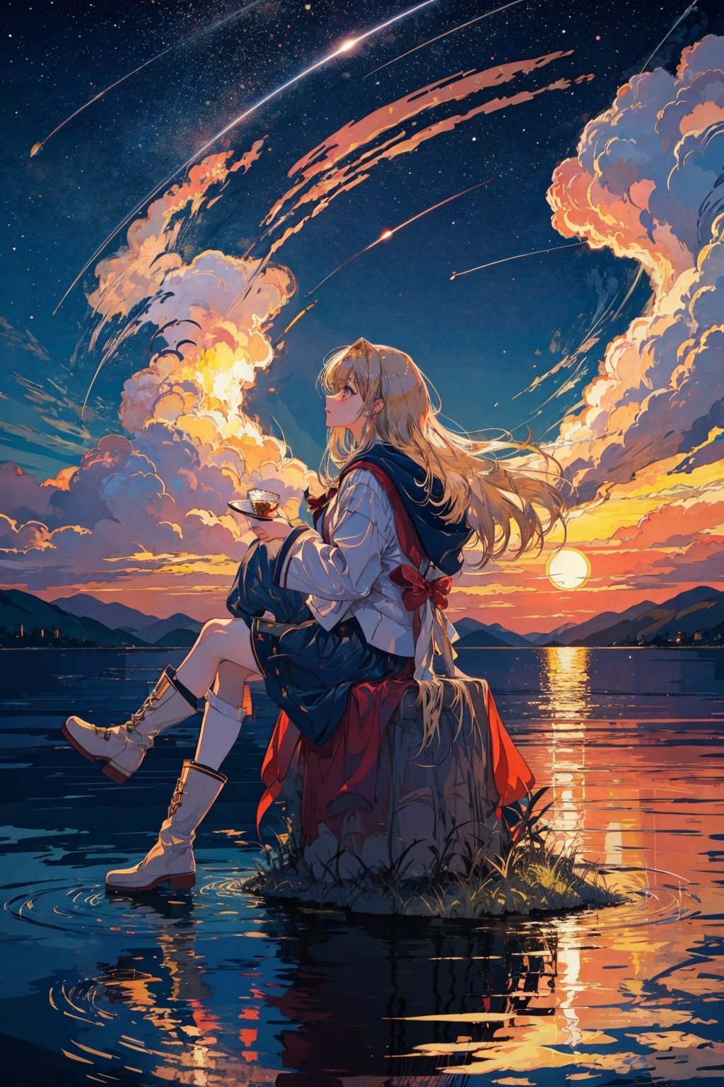 1girl, solo, long hair, blonde hair, sitting, boots, sky, cloud, star \(sky\), scenery, reflection, sunset, planet, globe