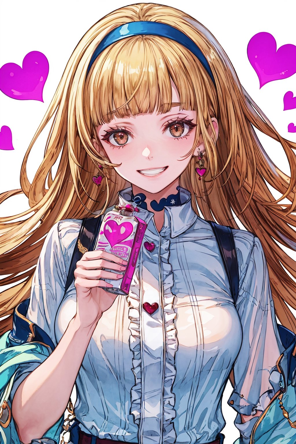 1girl, solo, long hair, looking at viewer, smile, bangs, blonde hair, shirt, holding, brown eyes, jewelry, white shirt, upper body, heart, hairband, earrings, teeth, blunt bangs, grin, lips, animal, cat, holding animal,masterpiece