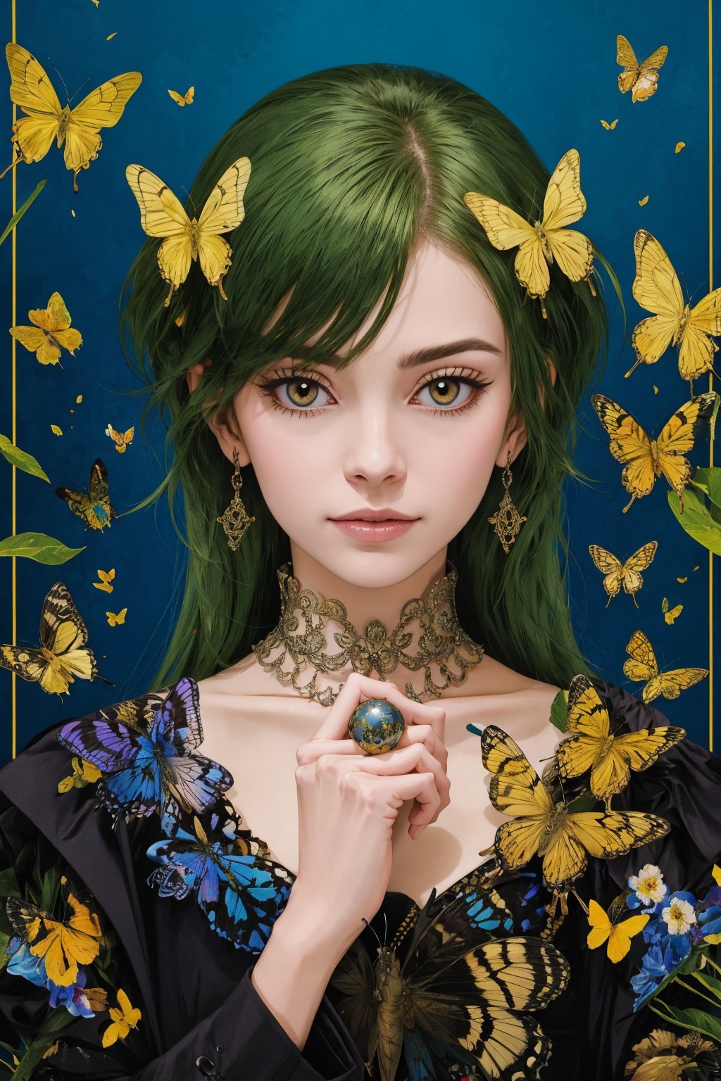 8k, (absurdres, highres, ultra detailed), a woman with long hair holding a crystal ball in her hands and surrounded by butterflies and butterflies around her, Anna Dittmann, anime art, a detailed painting, gothic art, animal, bee, beetle, bird, blue_butterfly, blue_dress, bug, butterfly, butterfly_hair_ornament, butterfly_on_hand, butterfly_print, butterfly_wings, crystal, dragonfly, dress, fairy, glowing_butterfly, hair_between_eyes, hair_ornament, kashiwazaki_sena, leaf, long_hair, long_sleeves, looking_at_animal, looking_at_viewer, origami, own_hands_together, paper_crane, solo, white_butterfly, yellow_butterfly