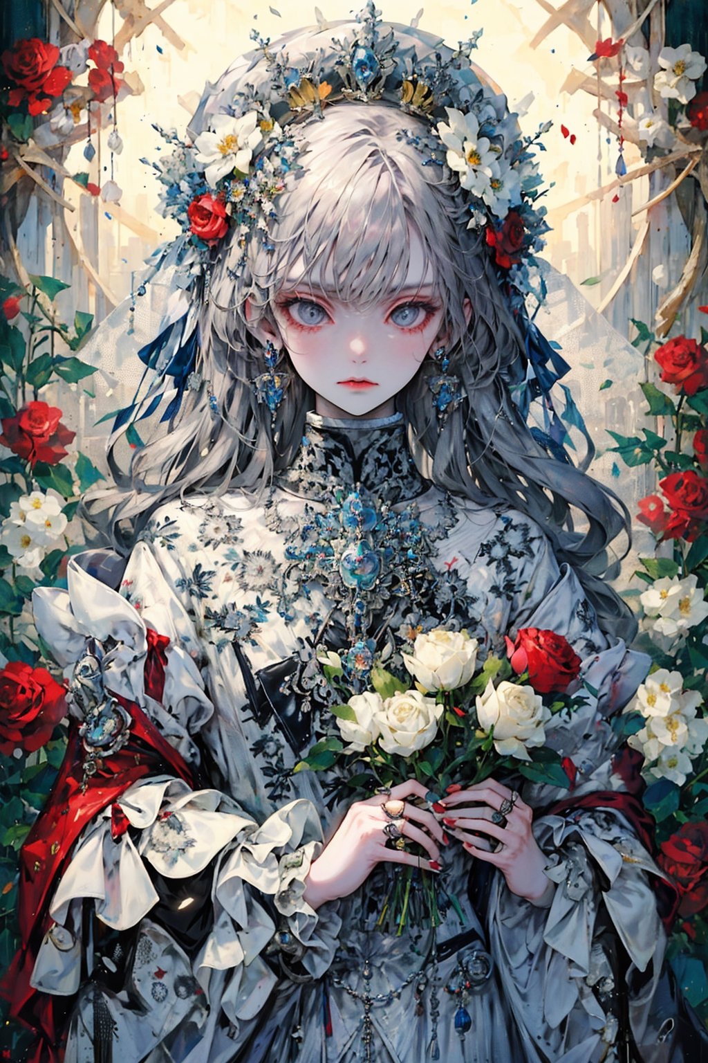 1girl, solo, long hair, looking at viewer, bangs, hair ornament, long sleeves, holding, jewelry, closed mouth, upper body, flower, grey hair, earrings, frills, hair flower, wide sleeves, coat, grey eyes, rose, ring, crown, white flower, frilled sleeves, red flower, red rose, bouquet, holding flower, white rose, holding bouquet