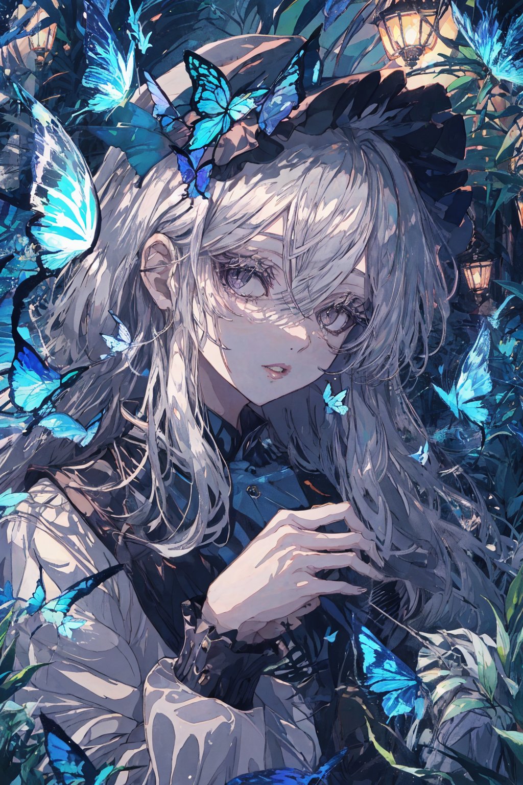 1girl, solo, looking at viewer, bangs, grey white hair, hair between eyes, parted lips, black eyes, lips, eyelashes, bug, butterfly, portrait, blue butterfly