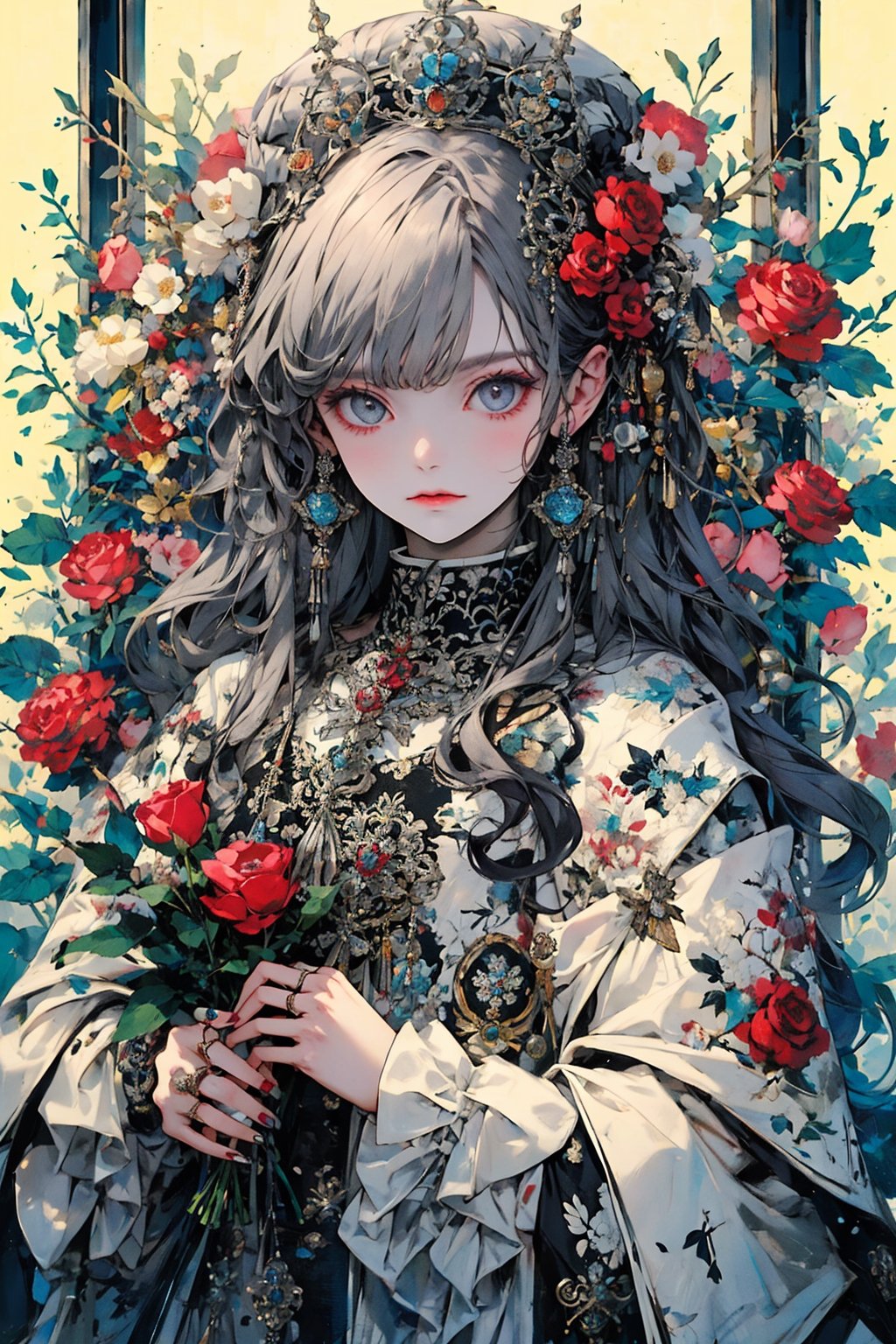 1girl, solo, long hair, looking at viewer, bangs, hair ornament, long sleeves, holding, jewelry, closed mouth, upper body, flower, grey hair, earrings, frills, hair flower, wide sleeves, coat, grey eyes, rose, ring, crown, white flower, frilled sleeves, red flower, red rose, bouquet, holding flower, white rose, holding bouquet