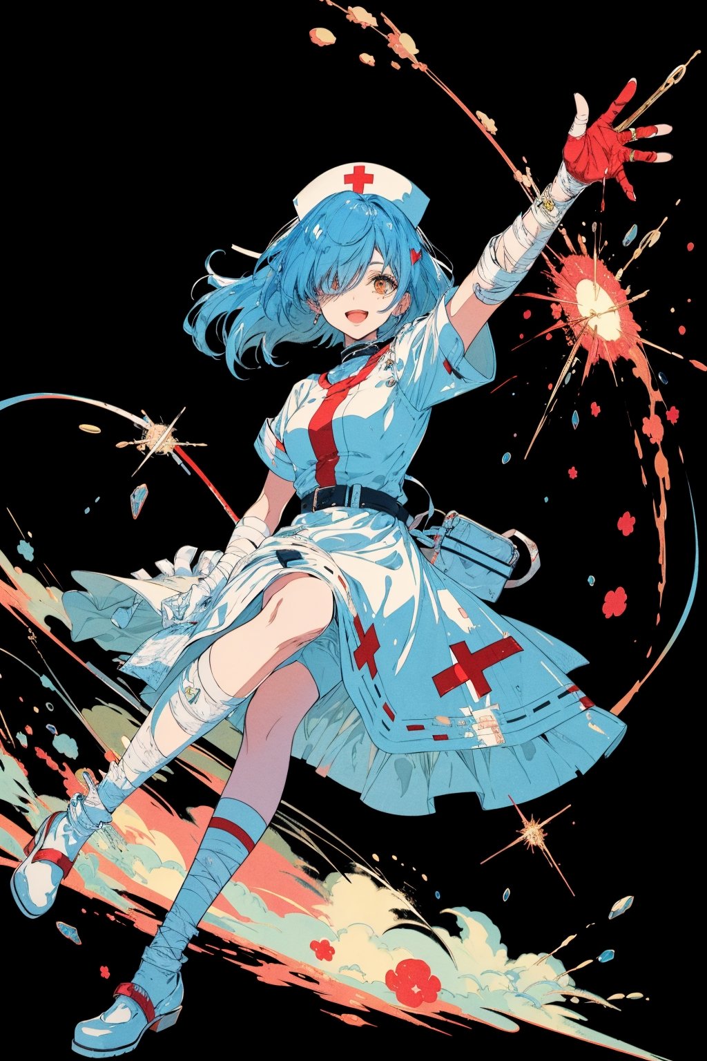 1girl, solo, long hair, breasts, looking at viewer, smile, open mouth, bangs, simple background, gloves, hat, dress, holding, animal ears, twintails, brown eyes, medium breasts, blue hair, full body, short sleeves, :d, belt, white gloves, bag, white dress, hair over one eye, blood, bandages, short dress, eyepatch, black background, bandaged arm, nurse cap, nurse, bandaged leg, erune, syringe, oversized object, bandage over one eye, holding syringe, red cross, intravenous drip, blood bag