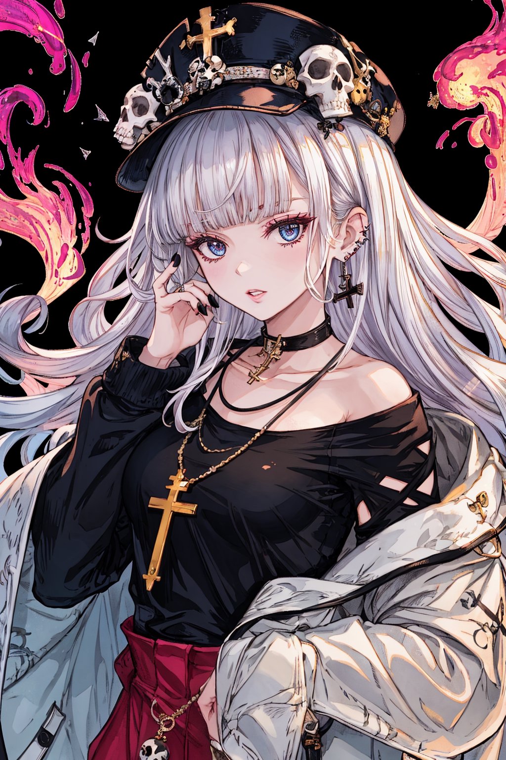 1girl, solo, long hair, looking at viewer, bangs, blue eyes, long sleeves, hat, jewelry, upper body, white hair, earrings, parted lips, choker, blunt bangs, necklace, nail polish, collar, sweater, fingernails, sleeves past wrists, black headwear, piercing, pink background, cross, ear piercing, black nails, hand on own face, skull, hand on own cheek, cross necklace, skull necklace