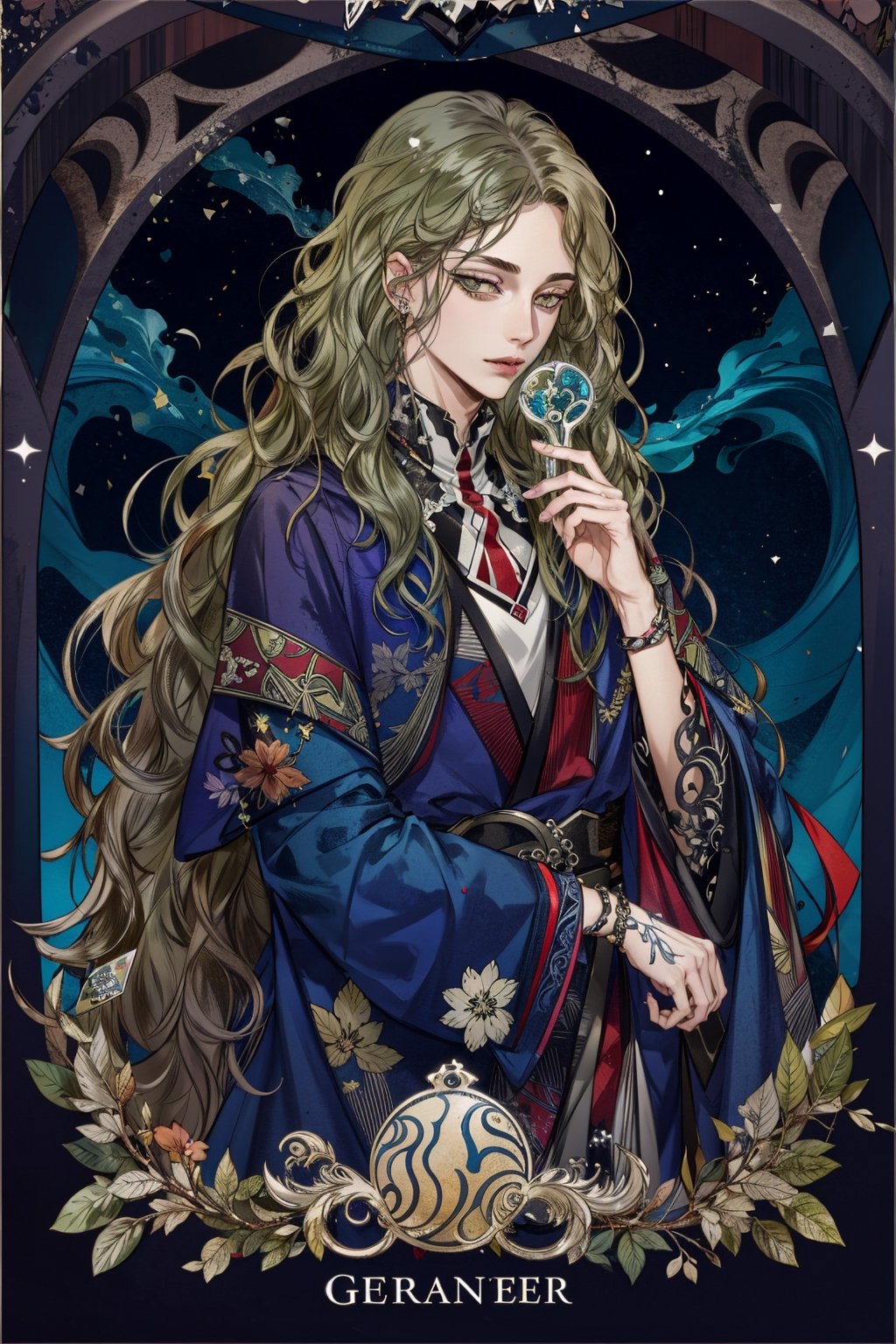 solo,green eyes,(long wavy hair:1.3),very long hair,brunette,  tarot, art nouveau ,Art Nouveau Style,,