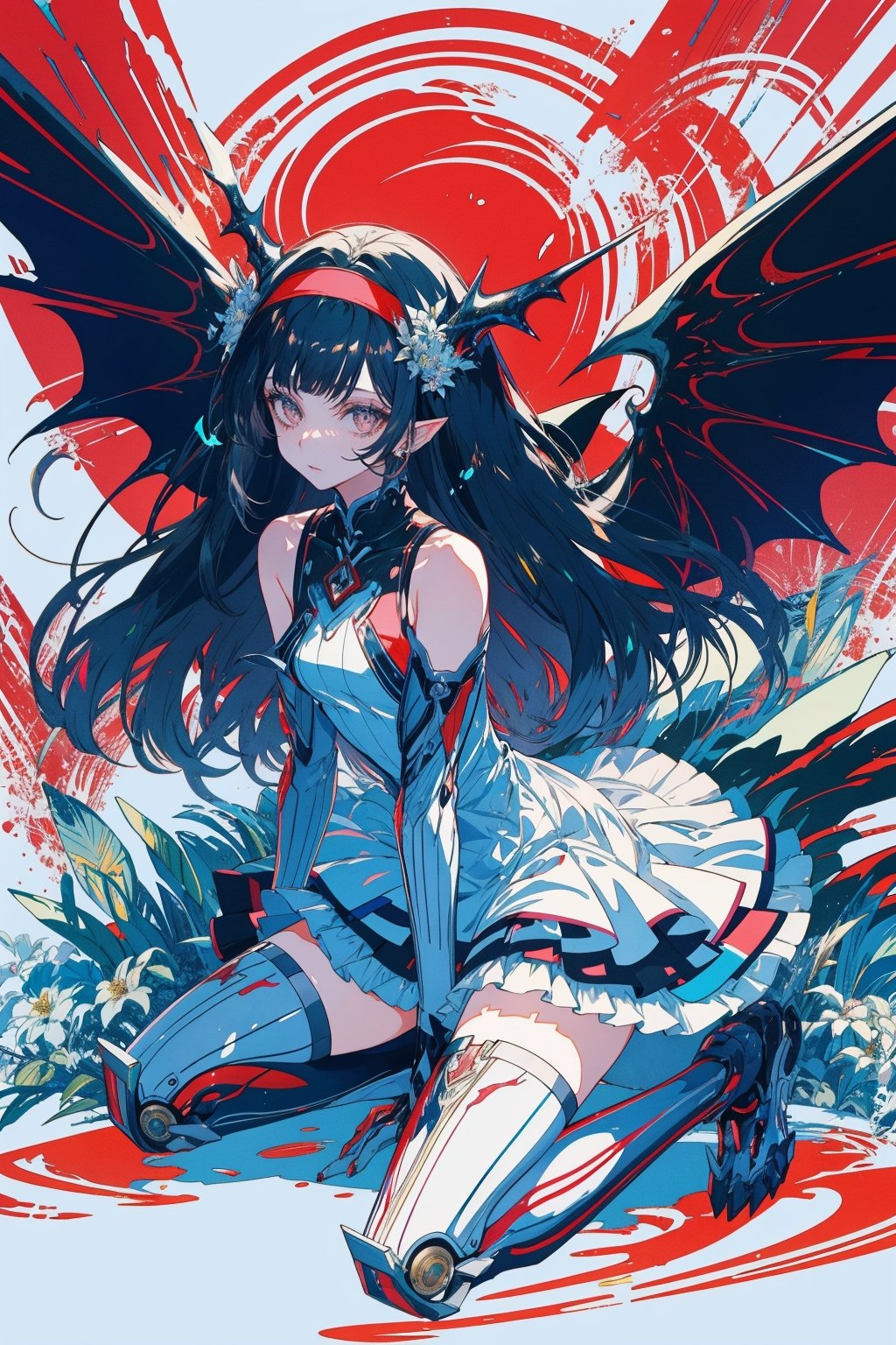 1girl, solo, long hair, breasts, looking at viewer, bangs, black hair, thighhighs, dress, bare shoulders, closed mouth, tail, full body, hairband, small breasts, frills, wings, horns, sleeveless, pointy ears, black thighhighs, blunt bangs, white dress, grey eyes, kneeling, frilled dress, white flower, dragon horns, dragon girl, dragon tail, mecha musume, mechanical arms, one knee, mechanical wings, dragon wings, mechanical legs, mechanical tail,portrait,illustration